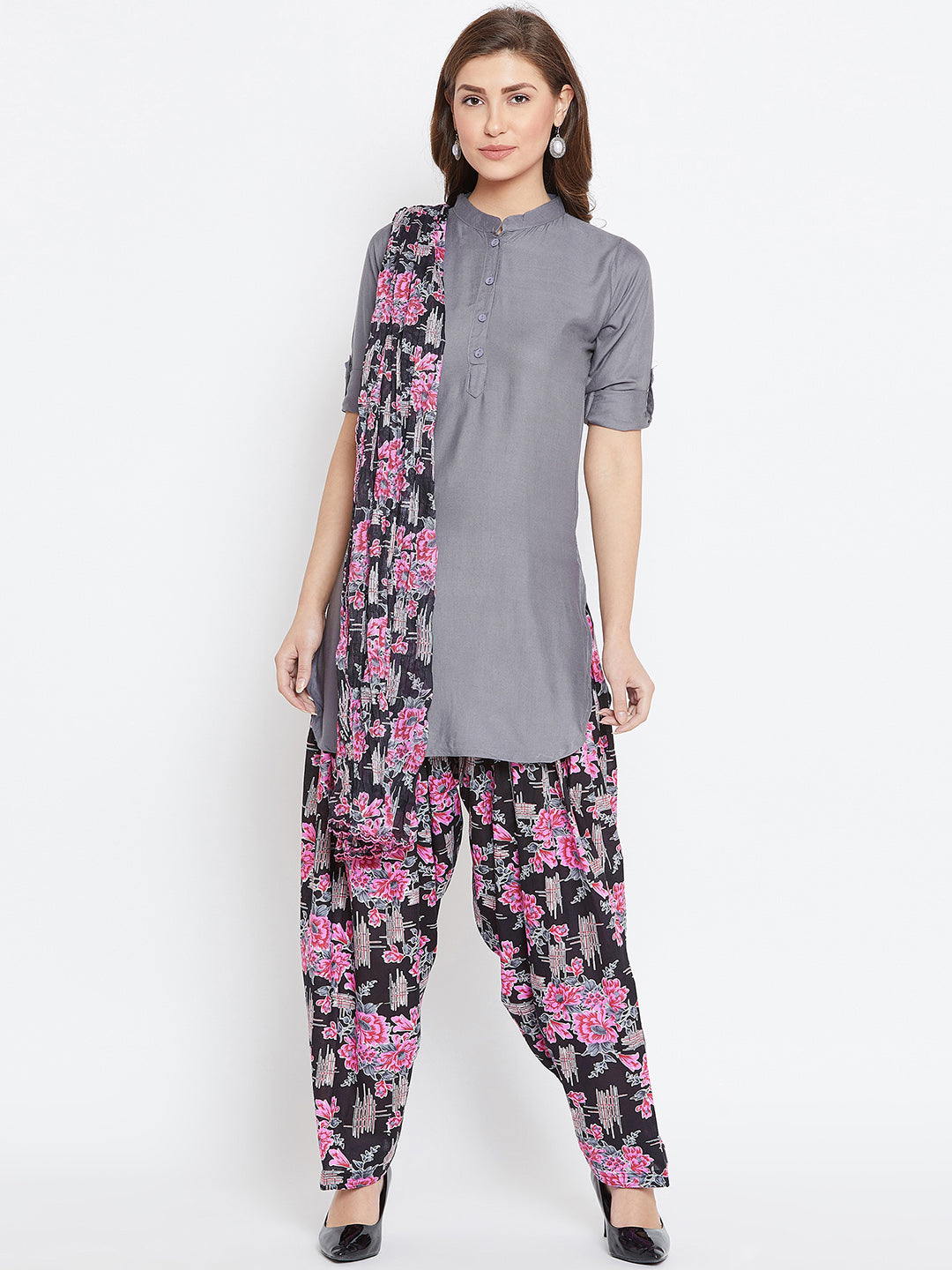 Baroque Print Patiala with Elephant Grey Kurti Set