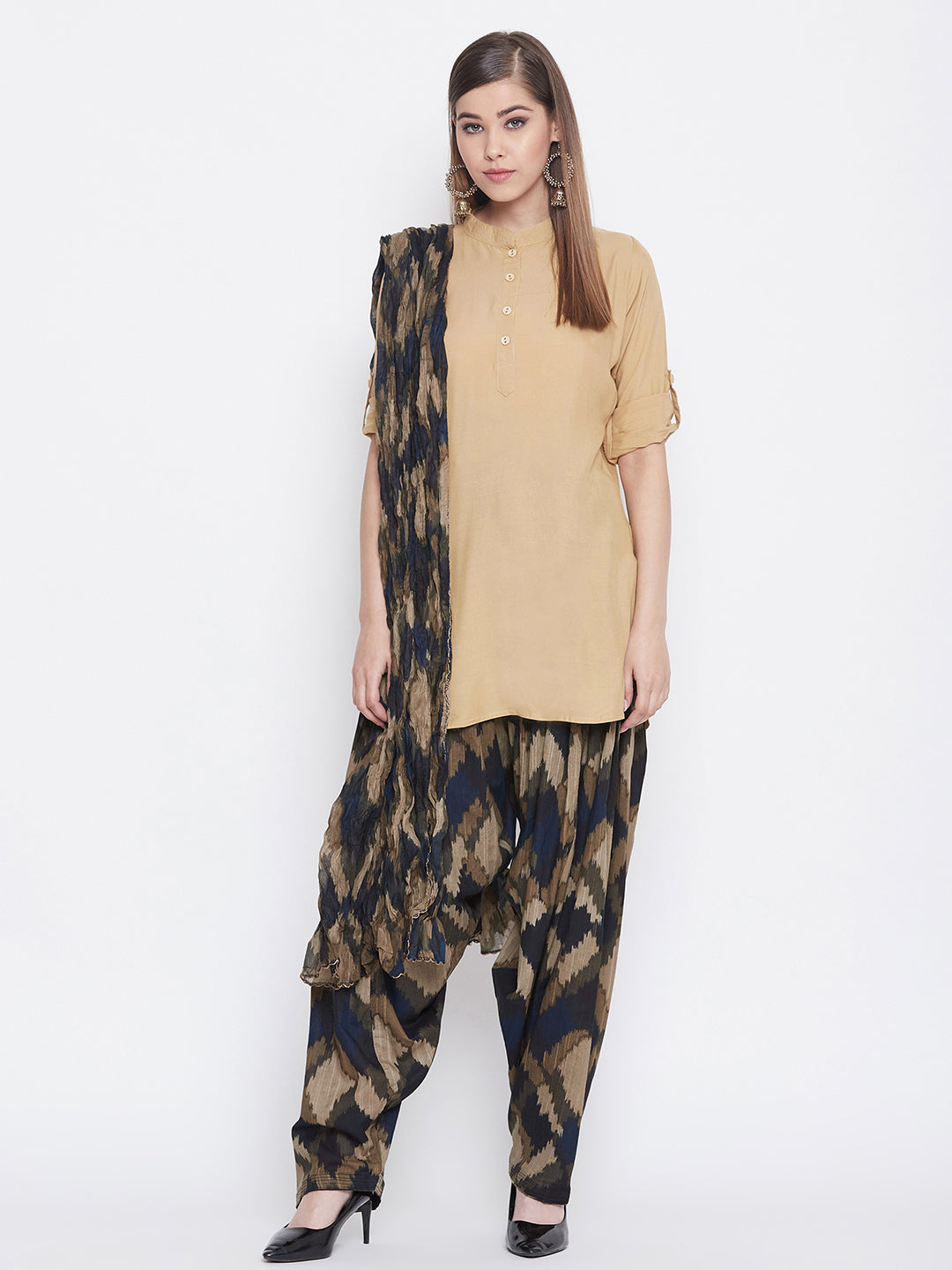 Ikat Print Patiala with Tan Brown Kurti Set