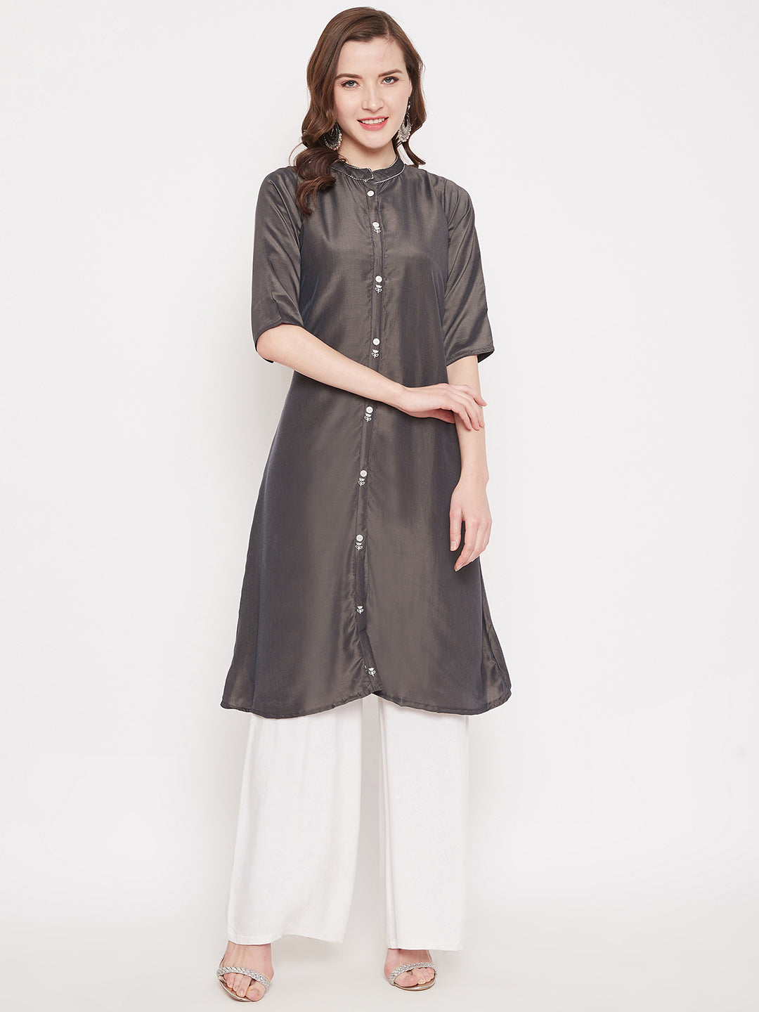 Ash Grey Embroidery Solid Color Kurti