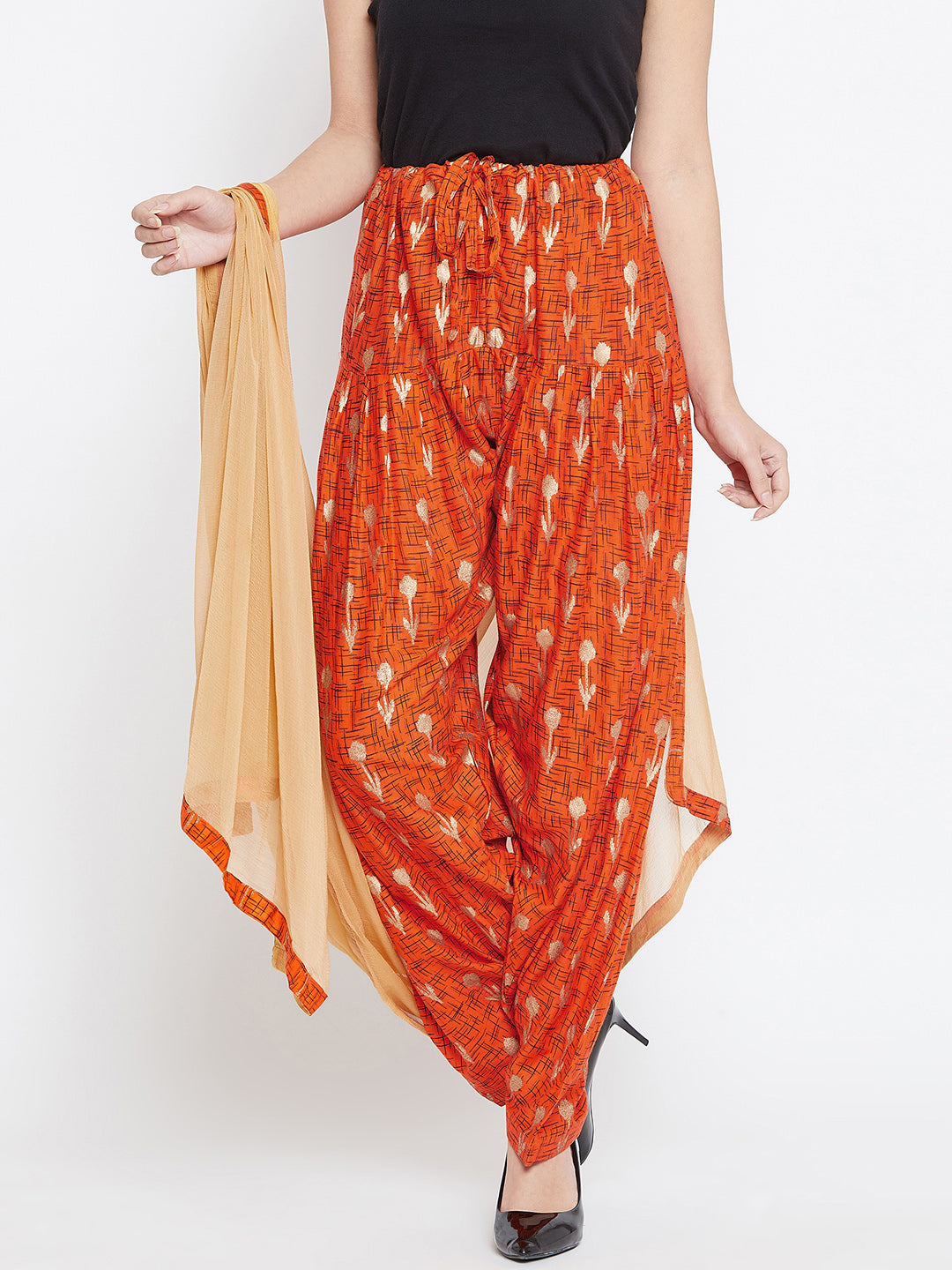 Orange Abstract with Foil Print Rayon Patiala with Dupatta