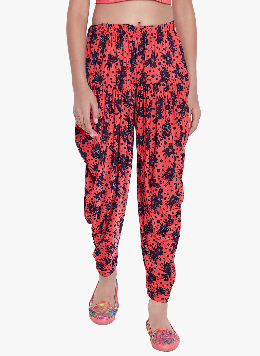 Peach Polka Floral Printed Dhoti