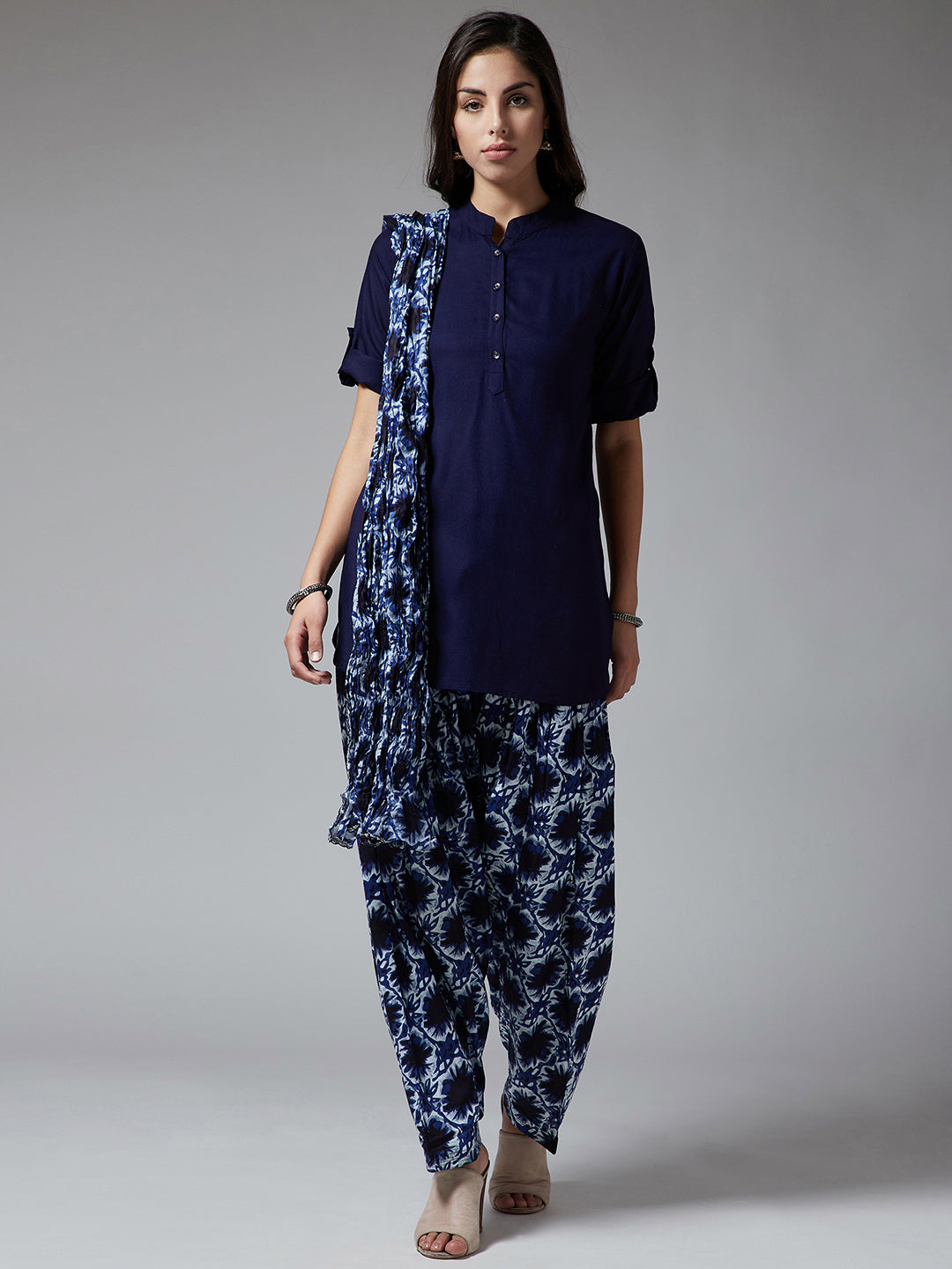 Damask Print Patiala with Navy Blue Kurti Set