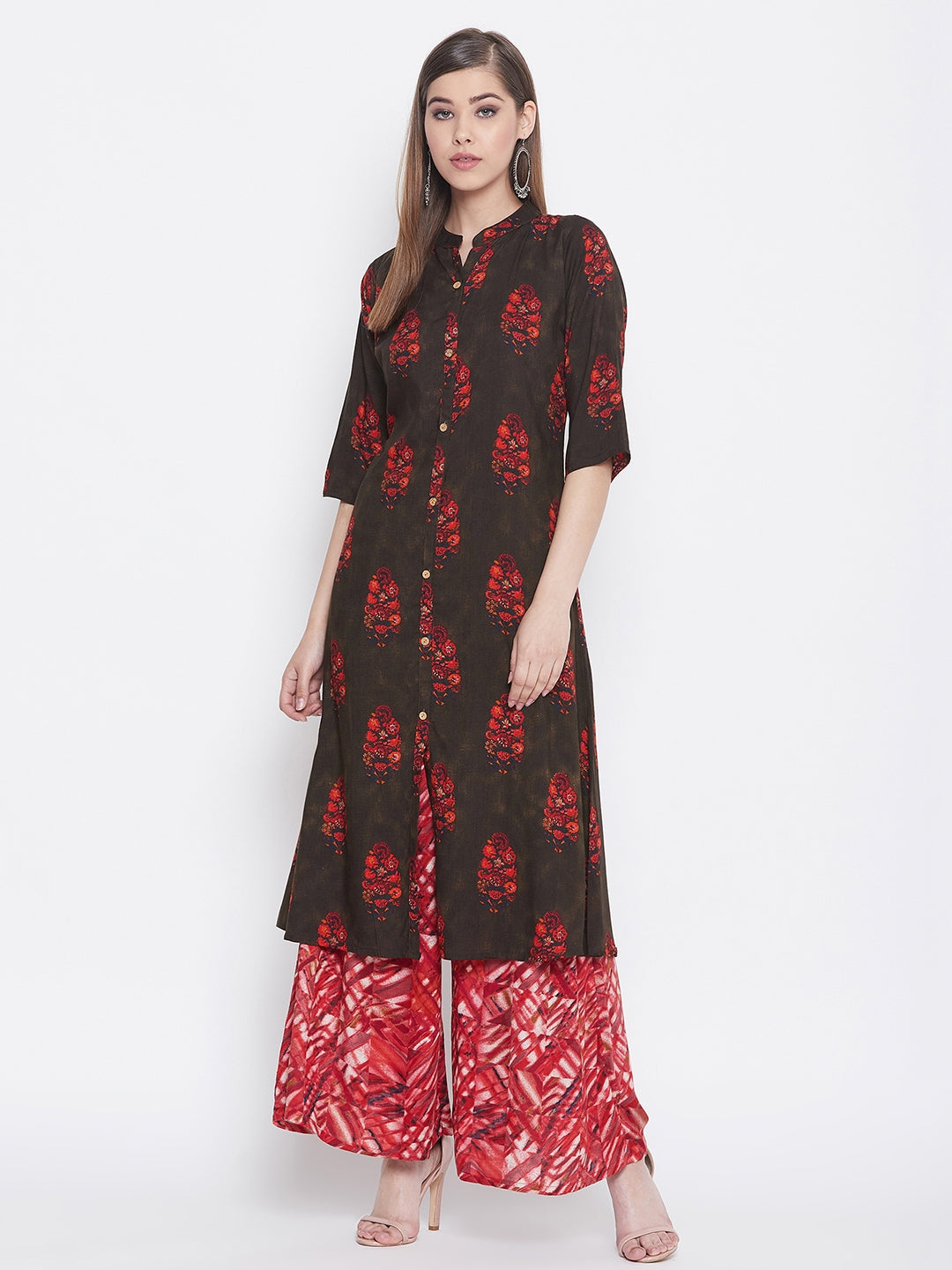 Printed Livid Brown and Red Kurti with Palazzo