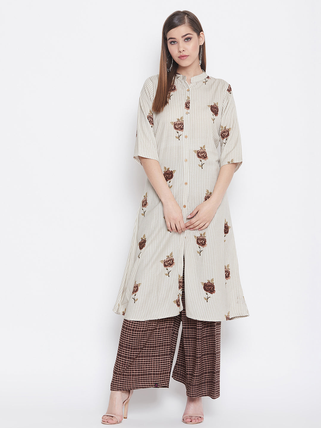 Rose Printed brown and White Kurti with Palazzo