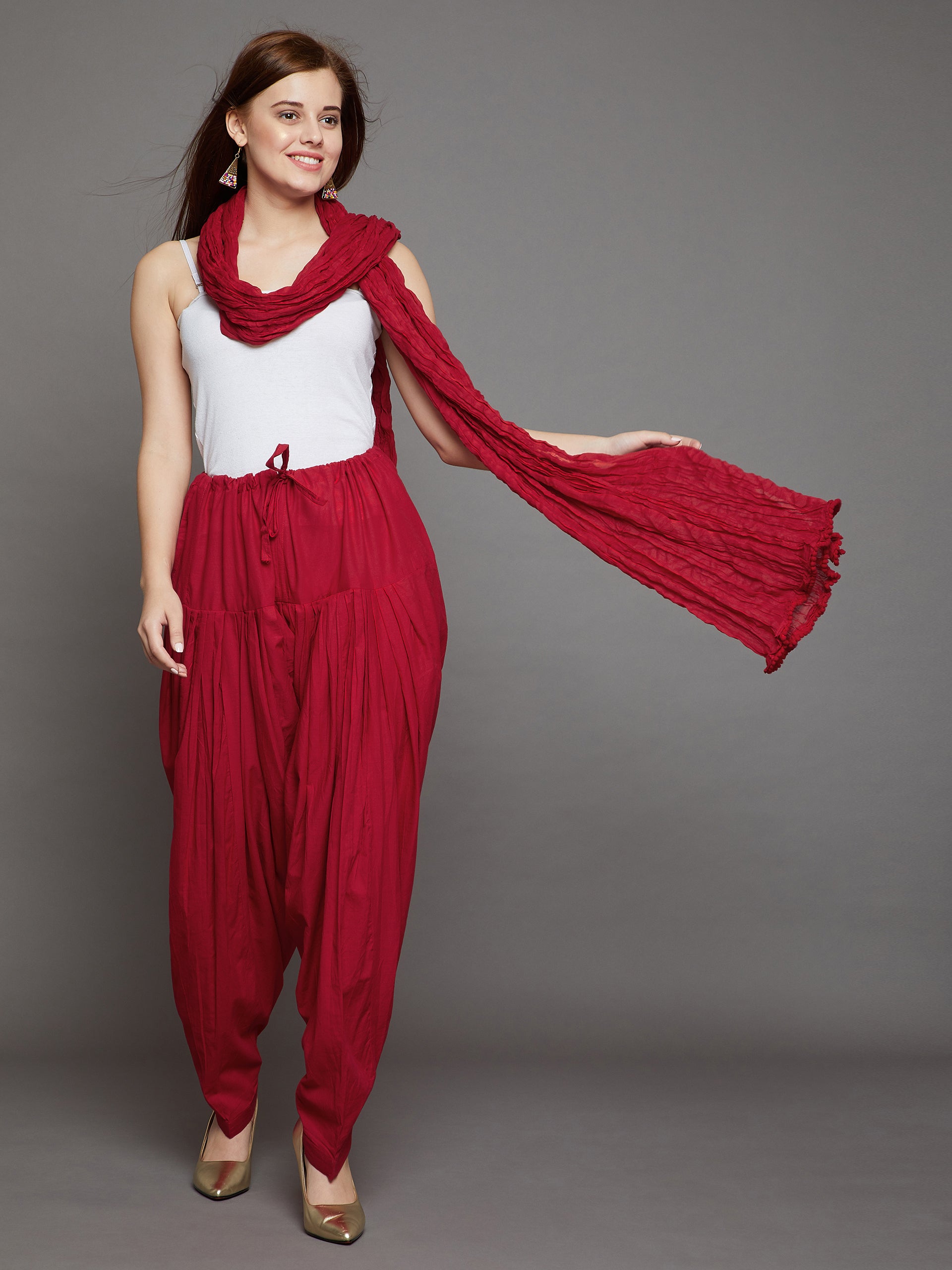 Red Cotton Plain  Patiala with Dupatta