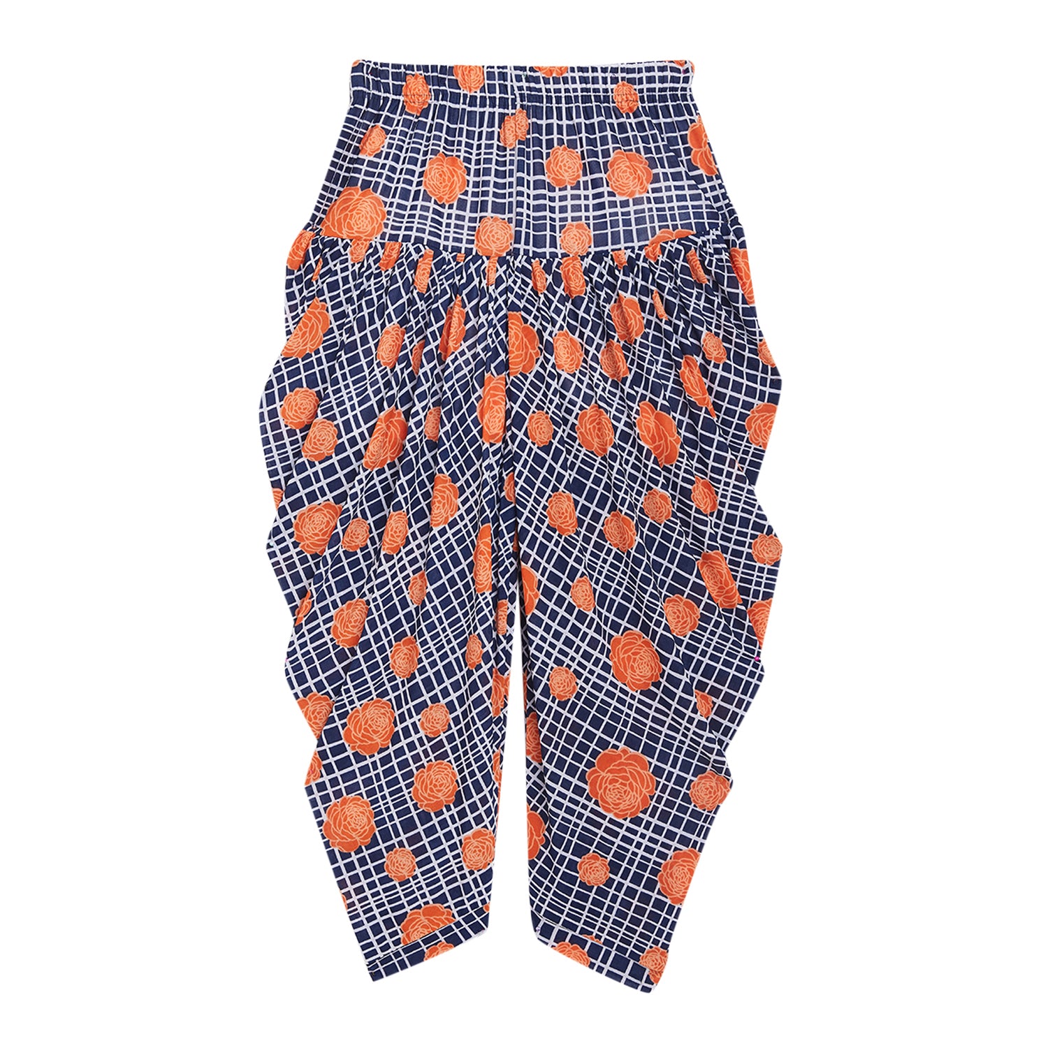 Blue Checks with Peach Flower Printed Dhoti