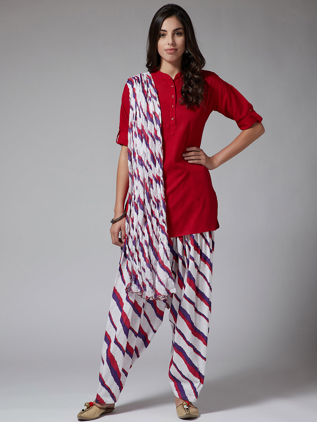 Regimental Stripes Patiala with Red Kurti Set