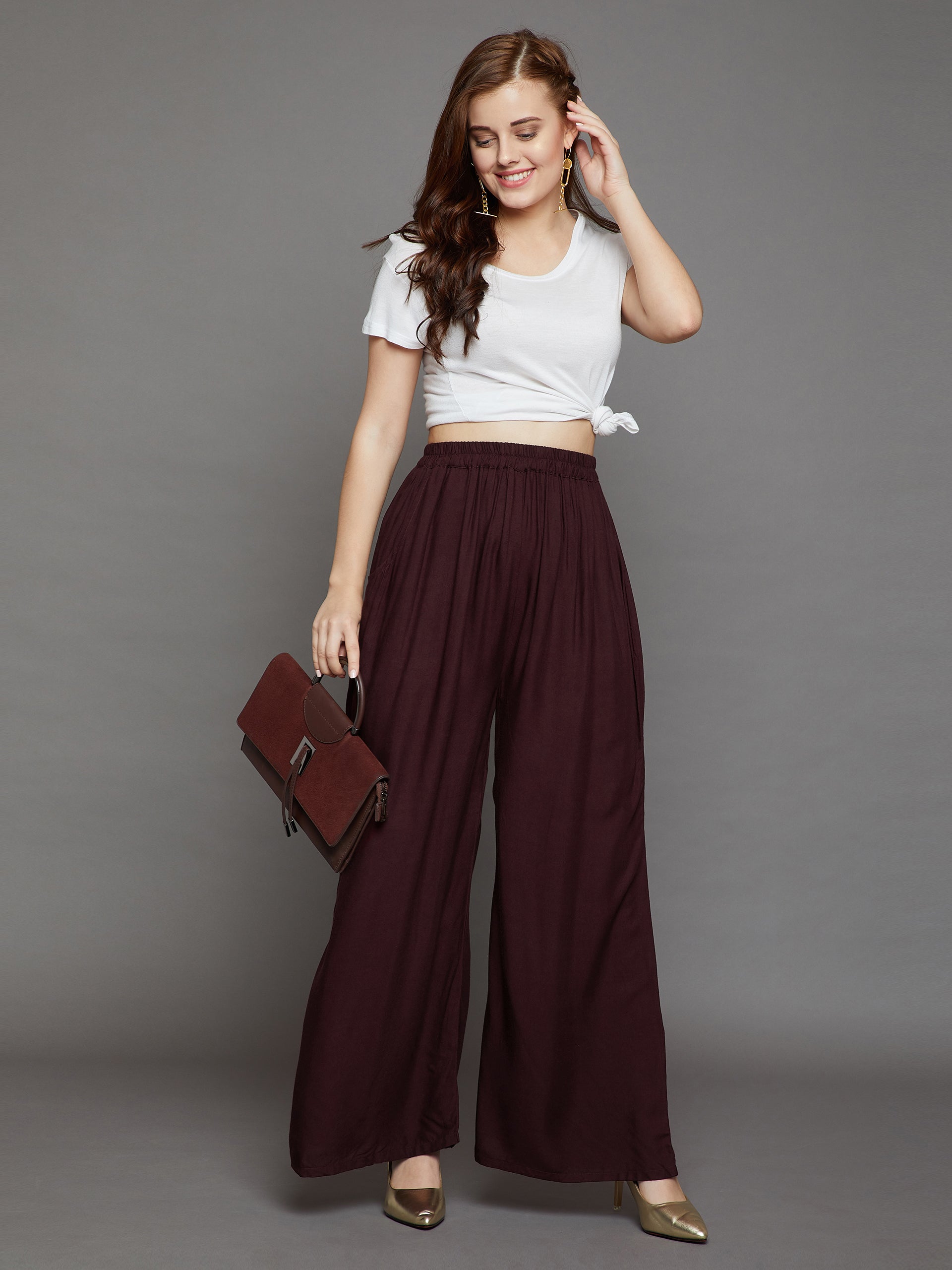 Brown Plain Rayon Palazzo
