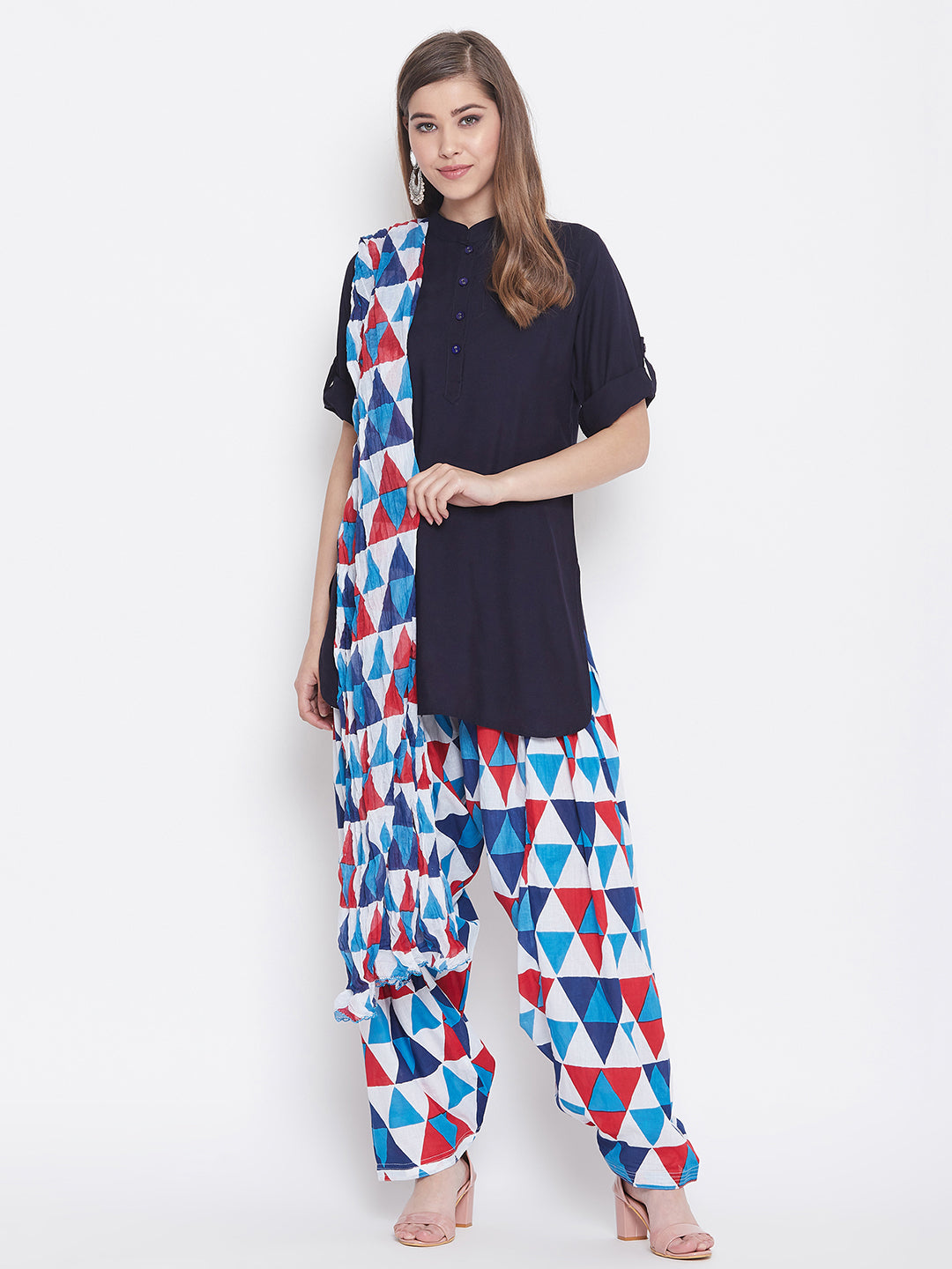 Geometric Pattern Printed Cotton Patiala with Dupatta