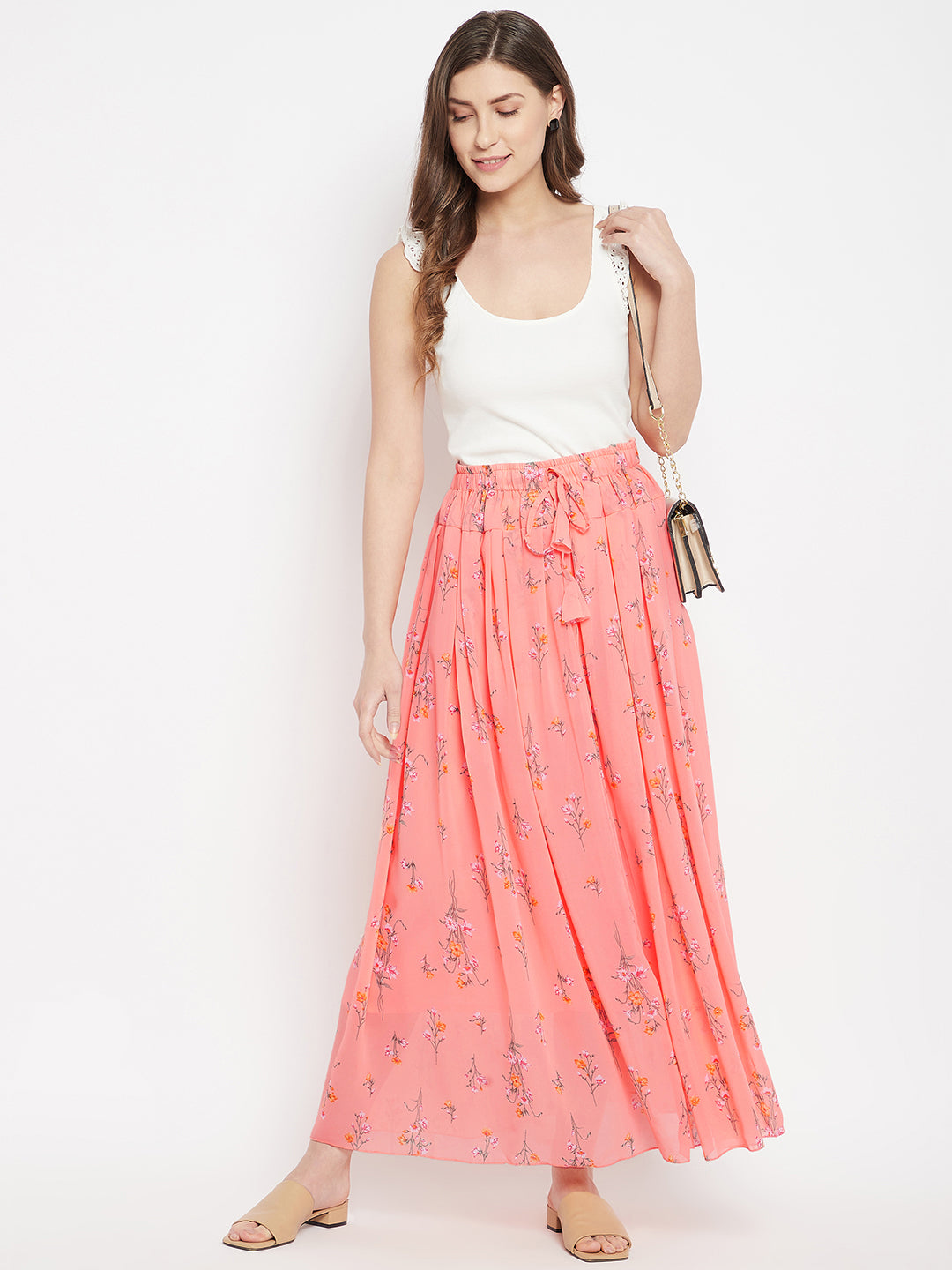 Peachy Floral Pleat Skirt Free Size