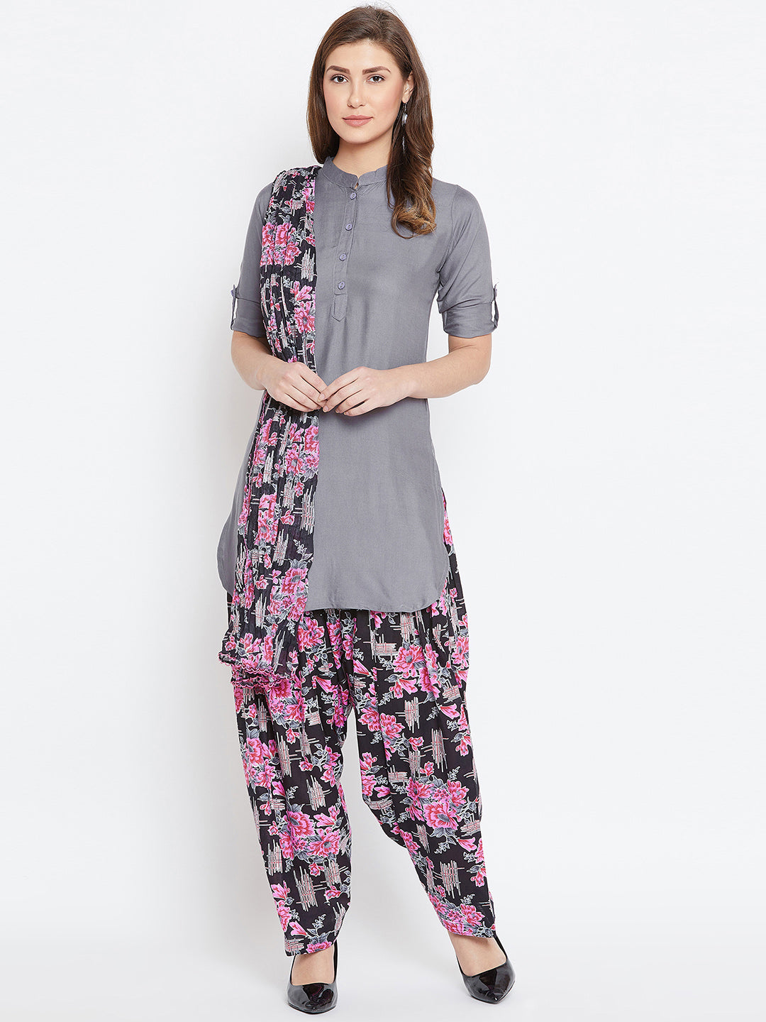 Baroque Print Patiala with Elephant Grey Kurti Set