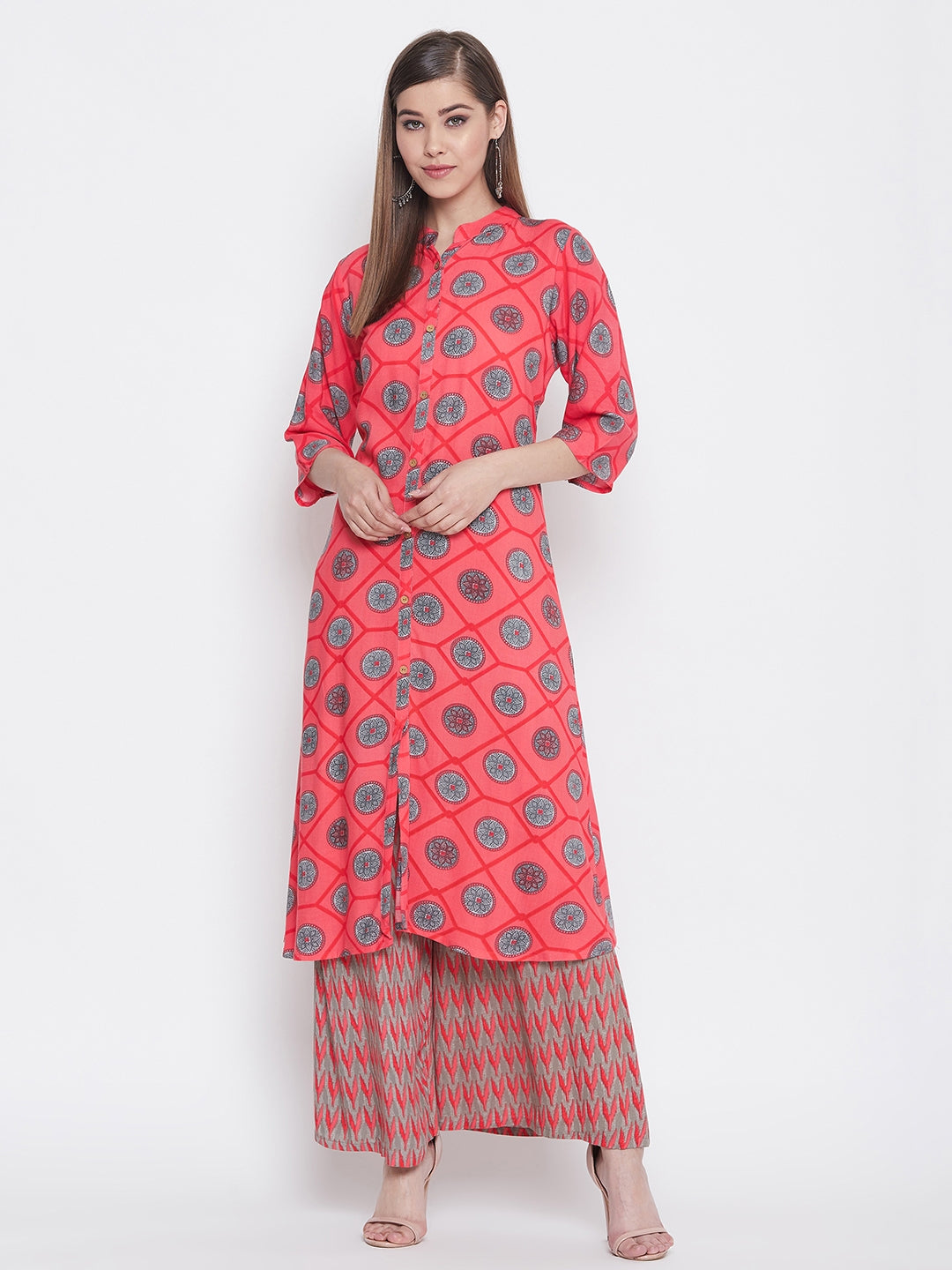 Traditional Printed Coral Kurti with Palazzo