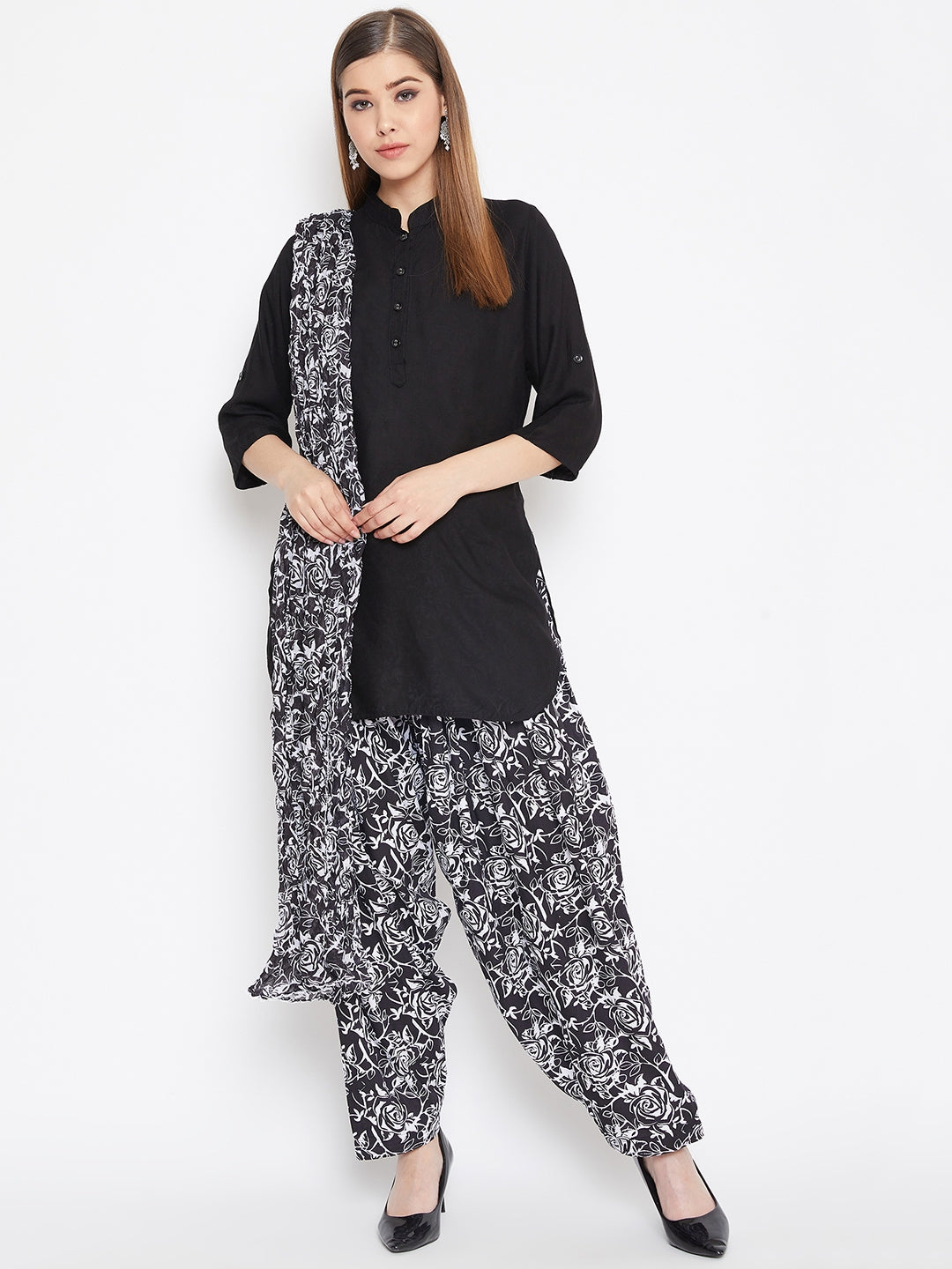 Rose print Patiala with Black Kurti Set