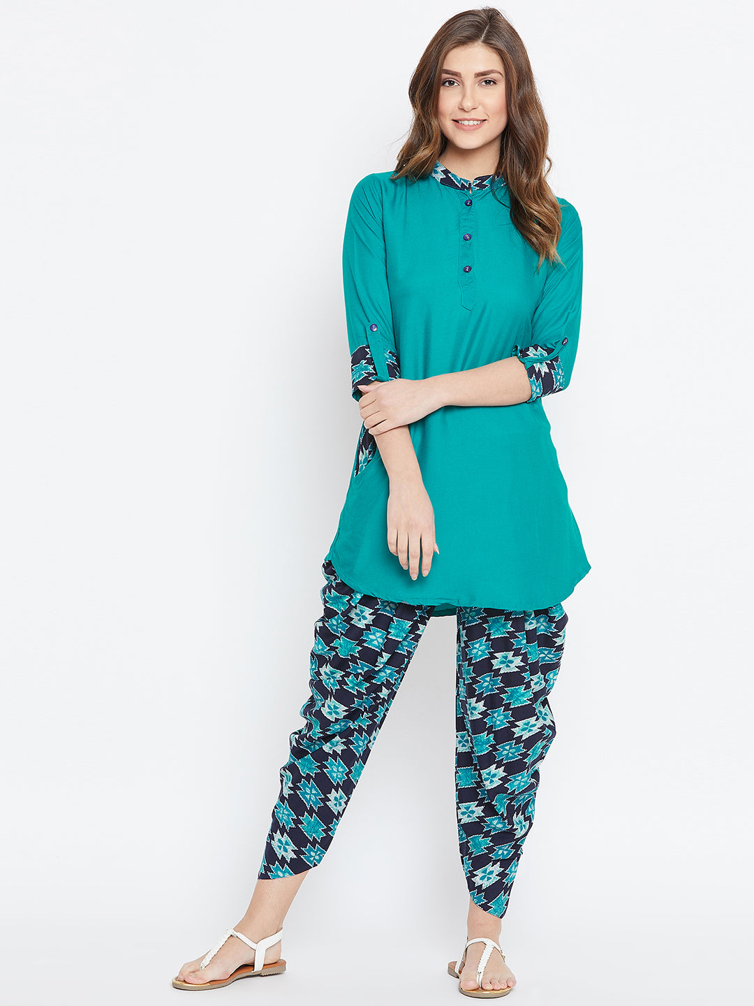 Rama Green Aztec Print Dhoti Set