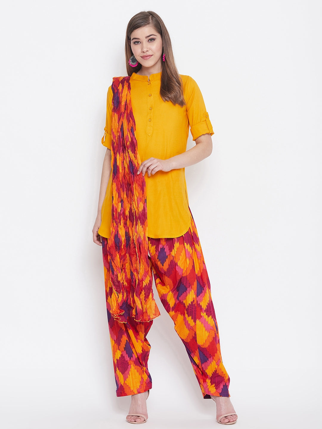 Mosaic Print Patiala with Mustard Yellow Kurti Set