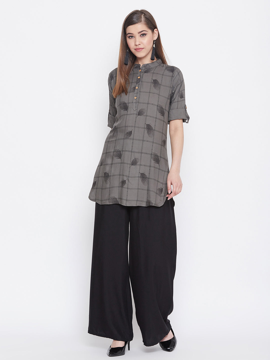 Empressgrey with Feather Print Short Kurta