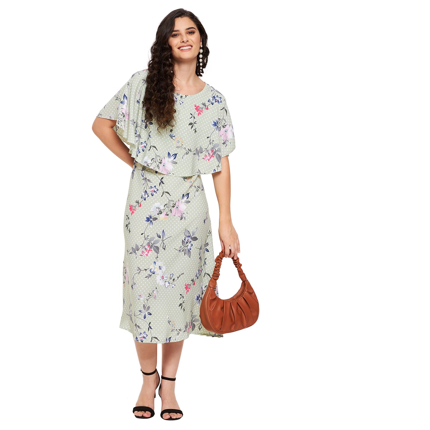 Floral Polka Cape Midi Dress Pastel Green