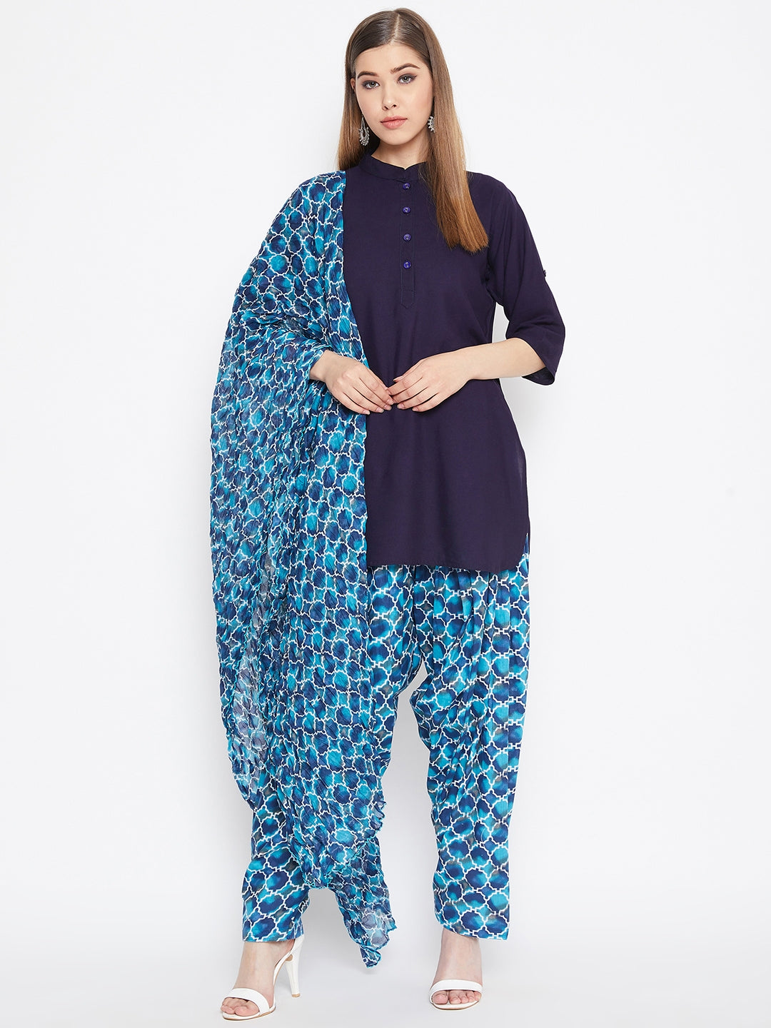 Blue Agate Printed Cotton Patiala with Dupatta