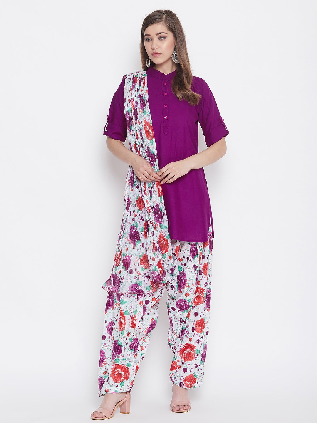 Floral Print Patiala with Purple Kurti Set