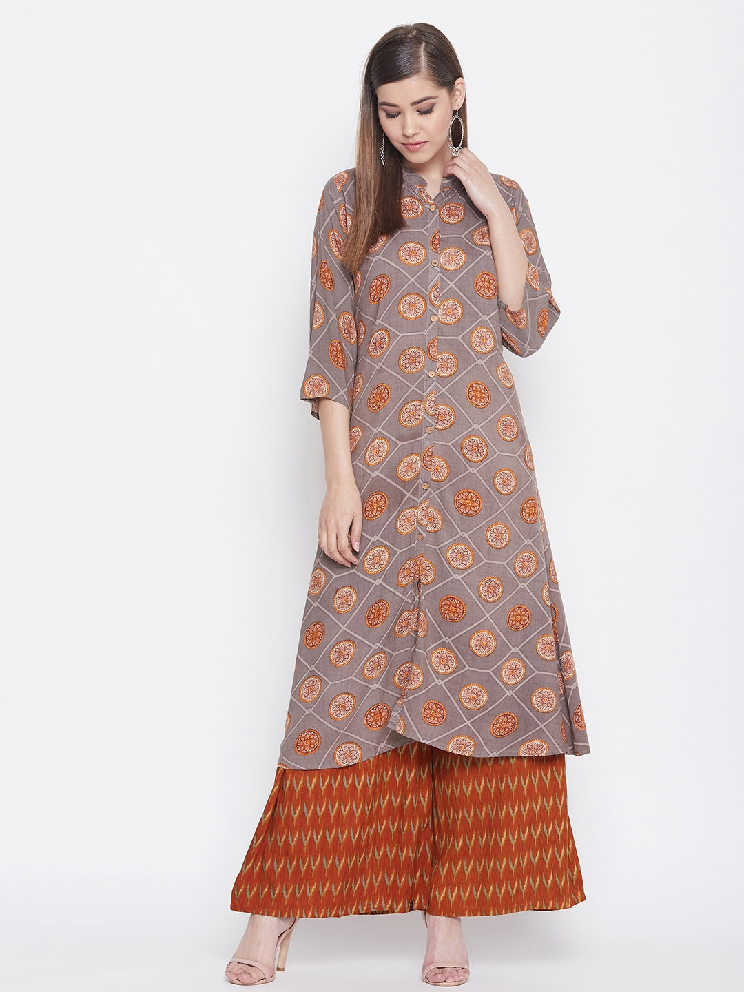 Printed sand wisp and maroon Kurti with palazzo