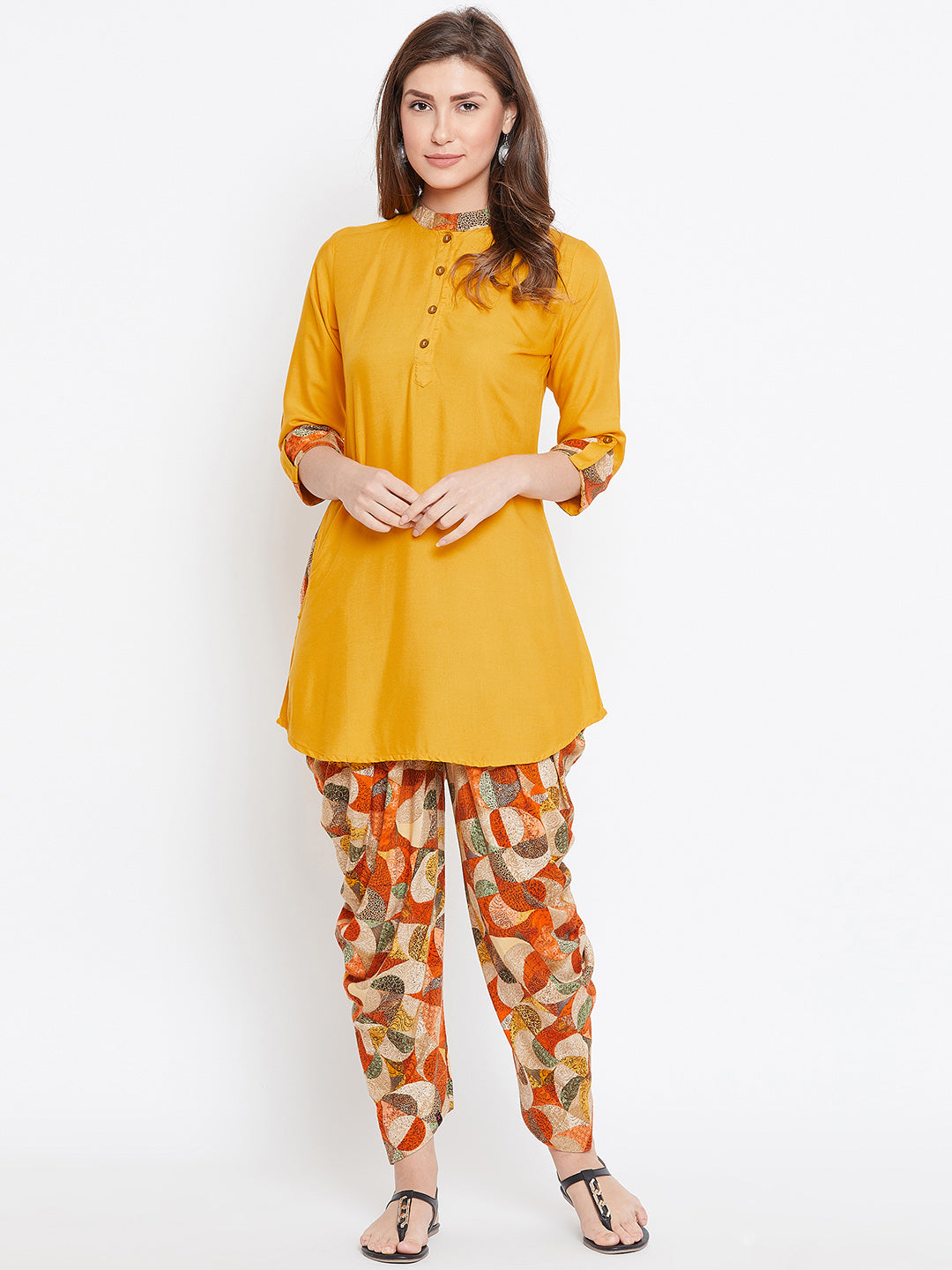 Mango Yellow with Geometric Print Dhoti Set