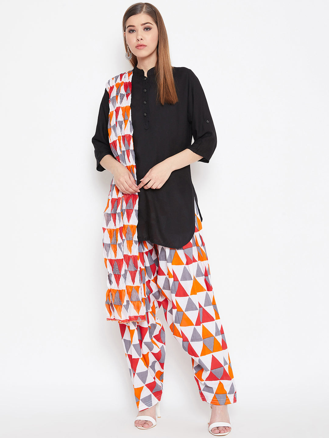 Multicolour Geometric Pattern Printed Cotton Patiala with Dupatta