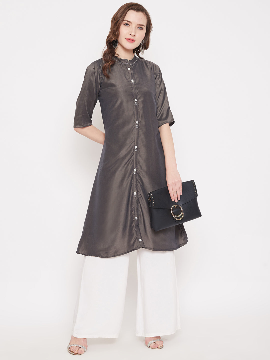 Ash Grey Embroidery Solid Color Kurti