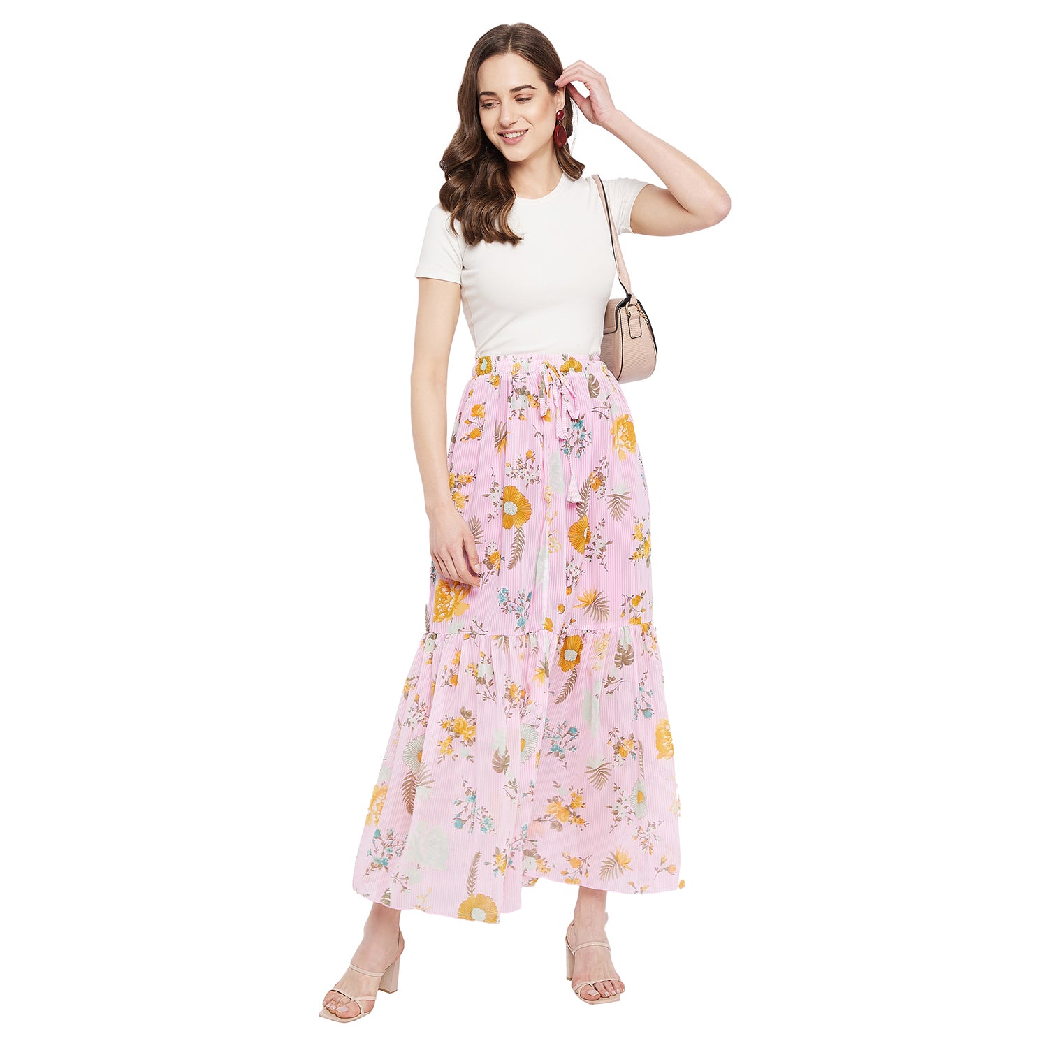 Double Frill Pink Floral Skirt Free Size
