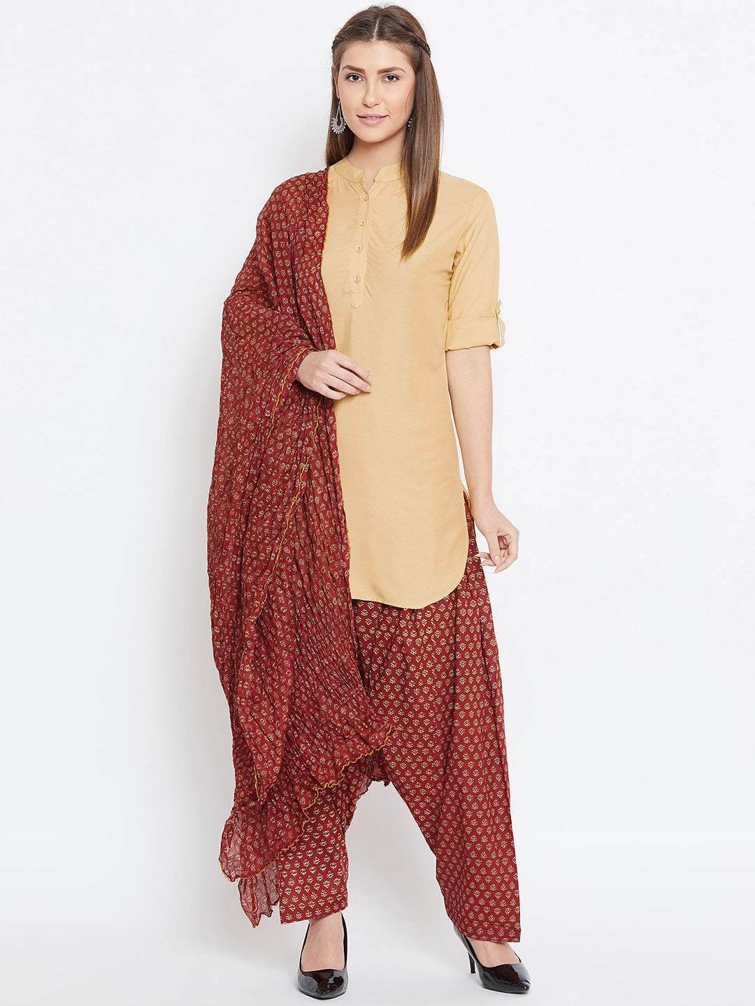 Ditsy Print Patiala with Fawn Kurti Set