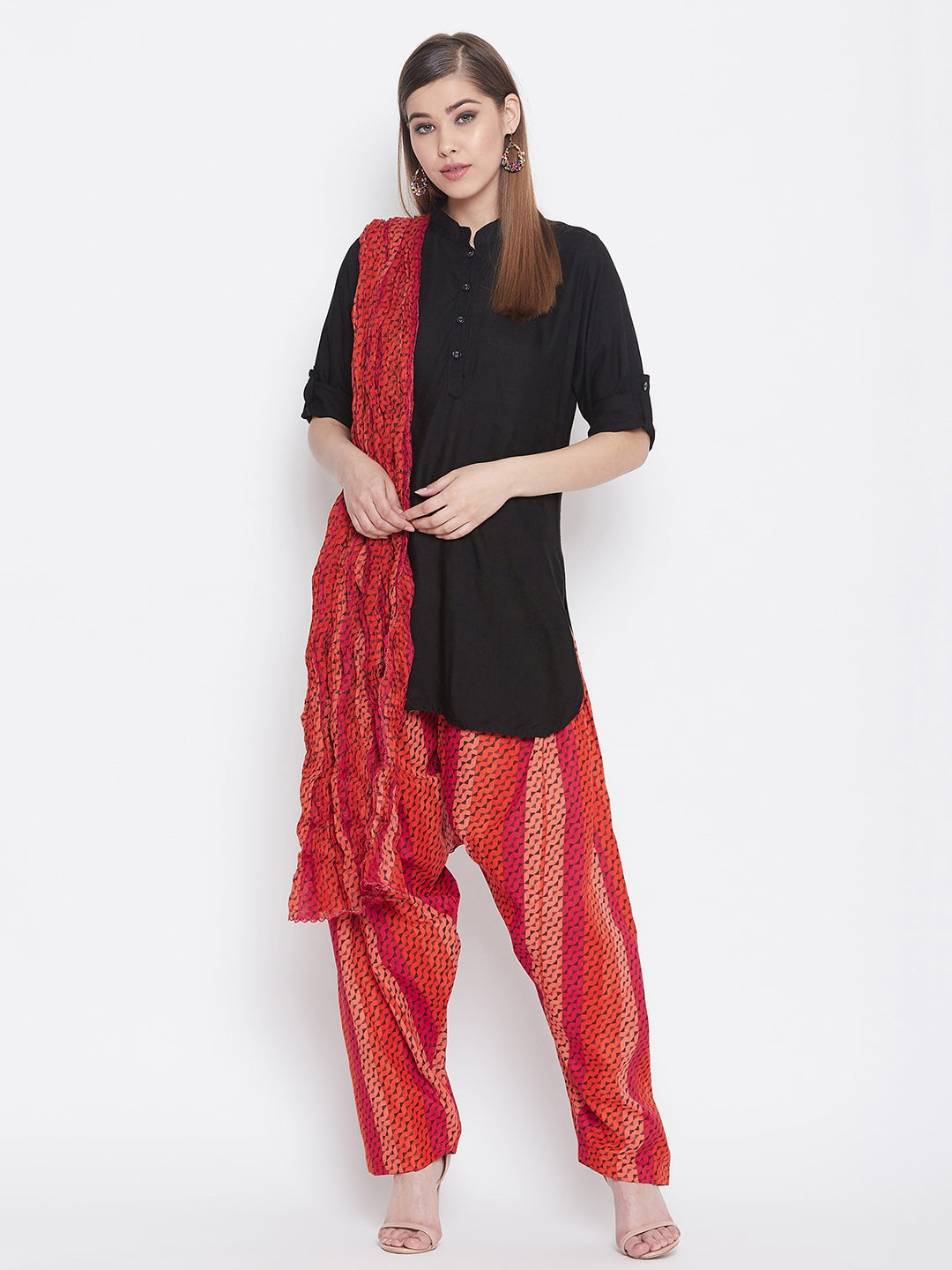 Multicolour Floating Lines Patiala with Black Kurti Set