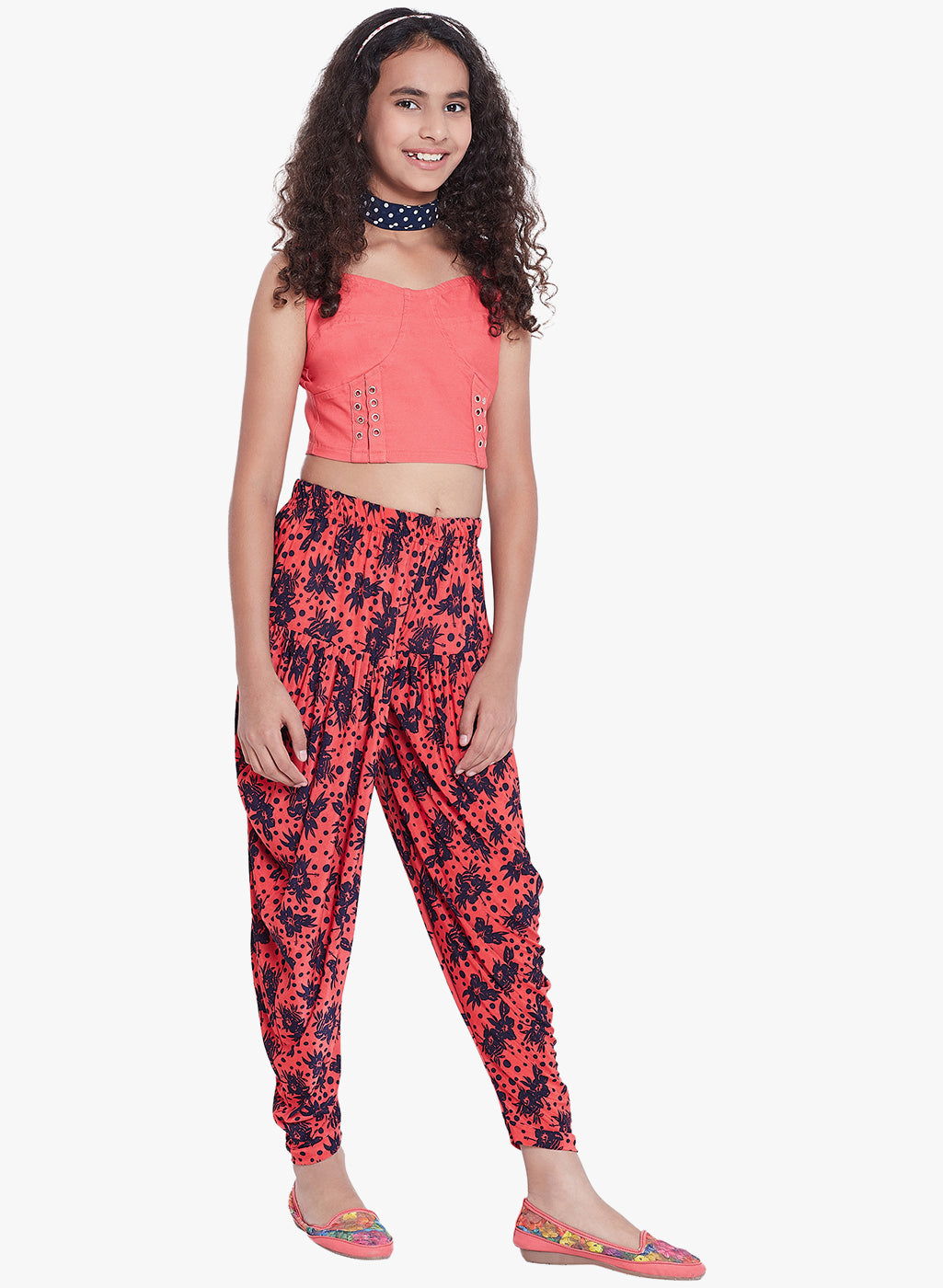 Peach Polka Floral Printed Dhoti