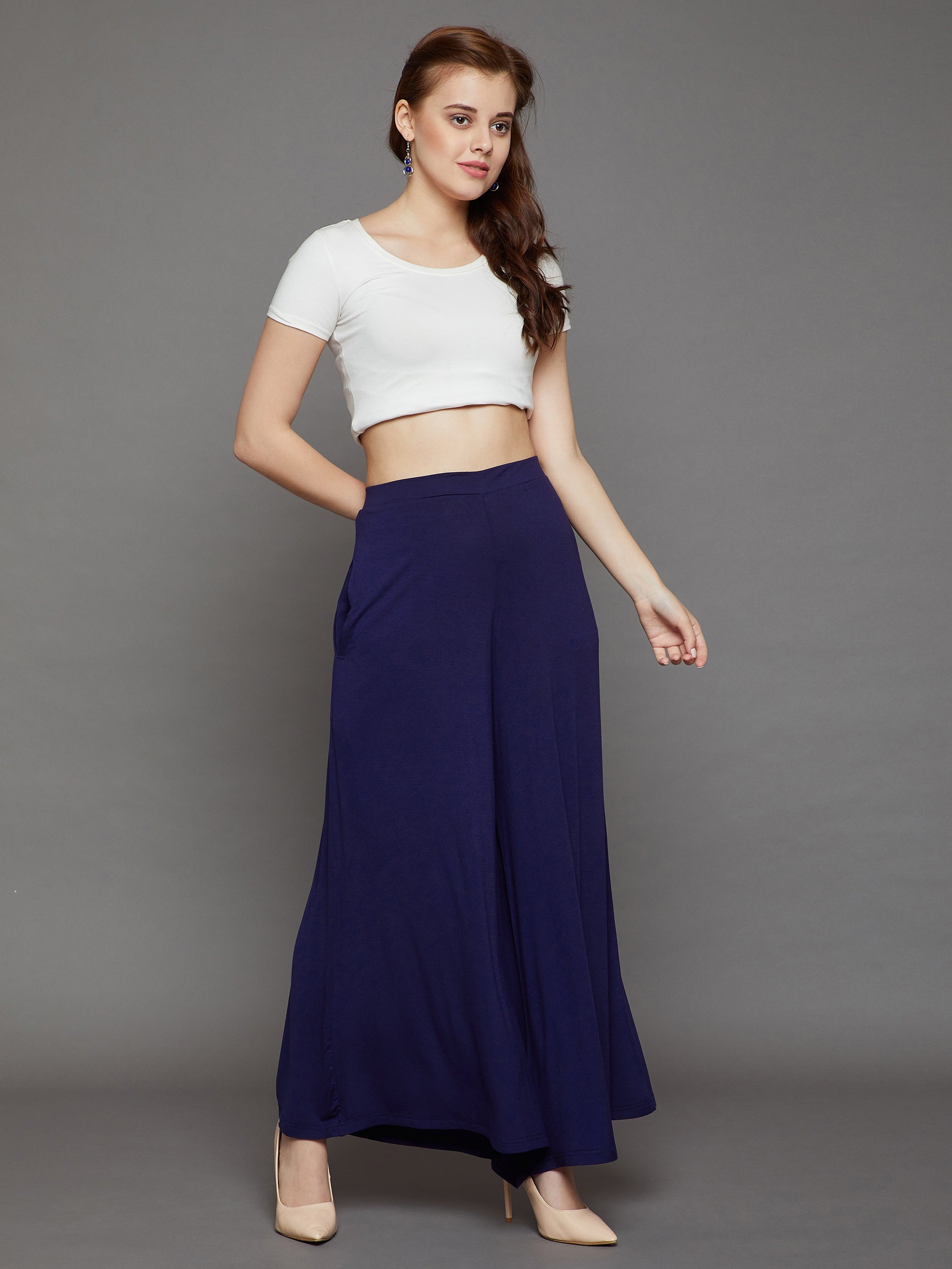 Navy Blue Plain Viscose Palazzo L