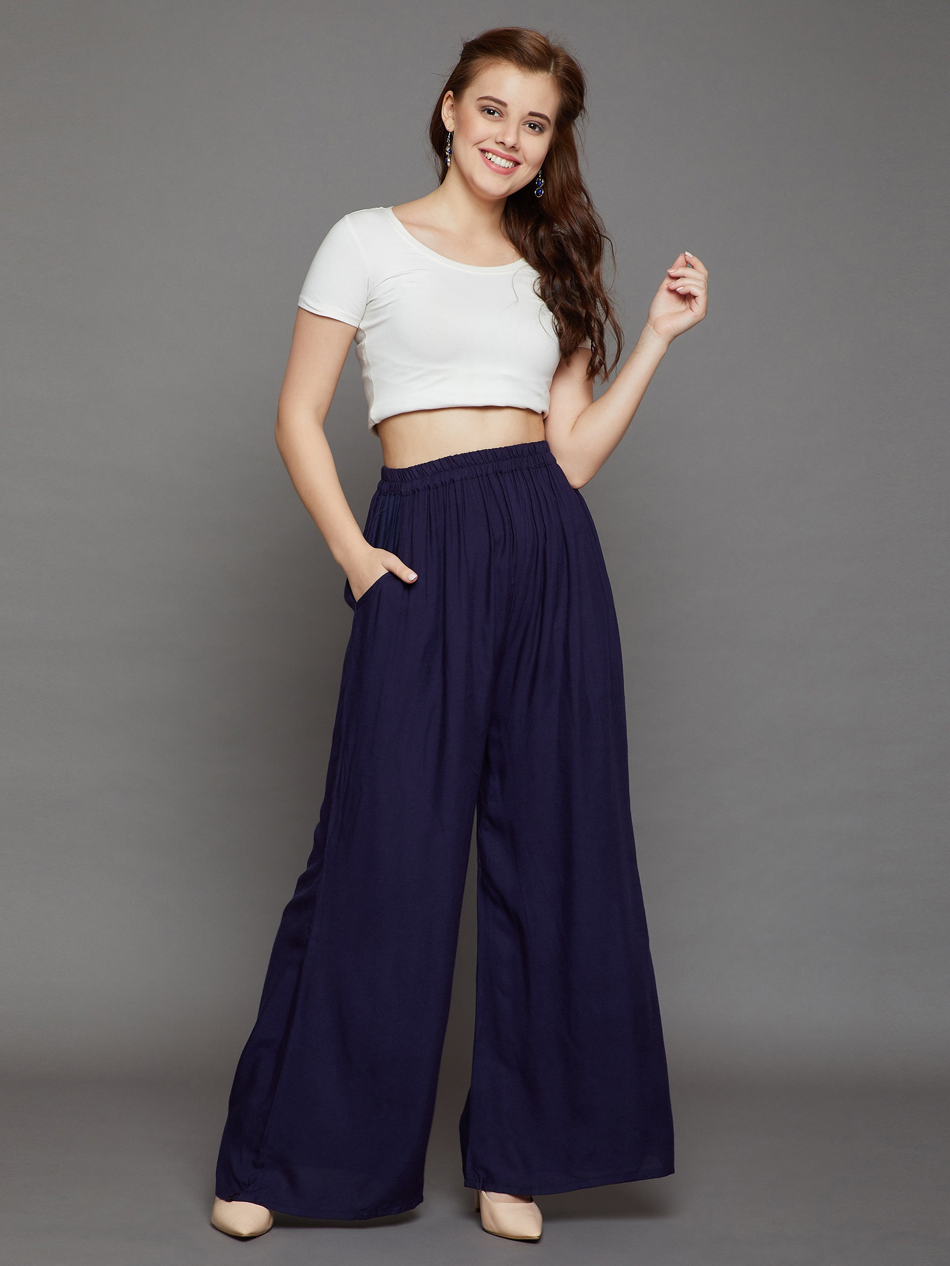 Navy Blue Plain Rayon Palazzo