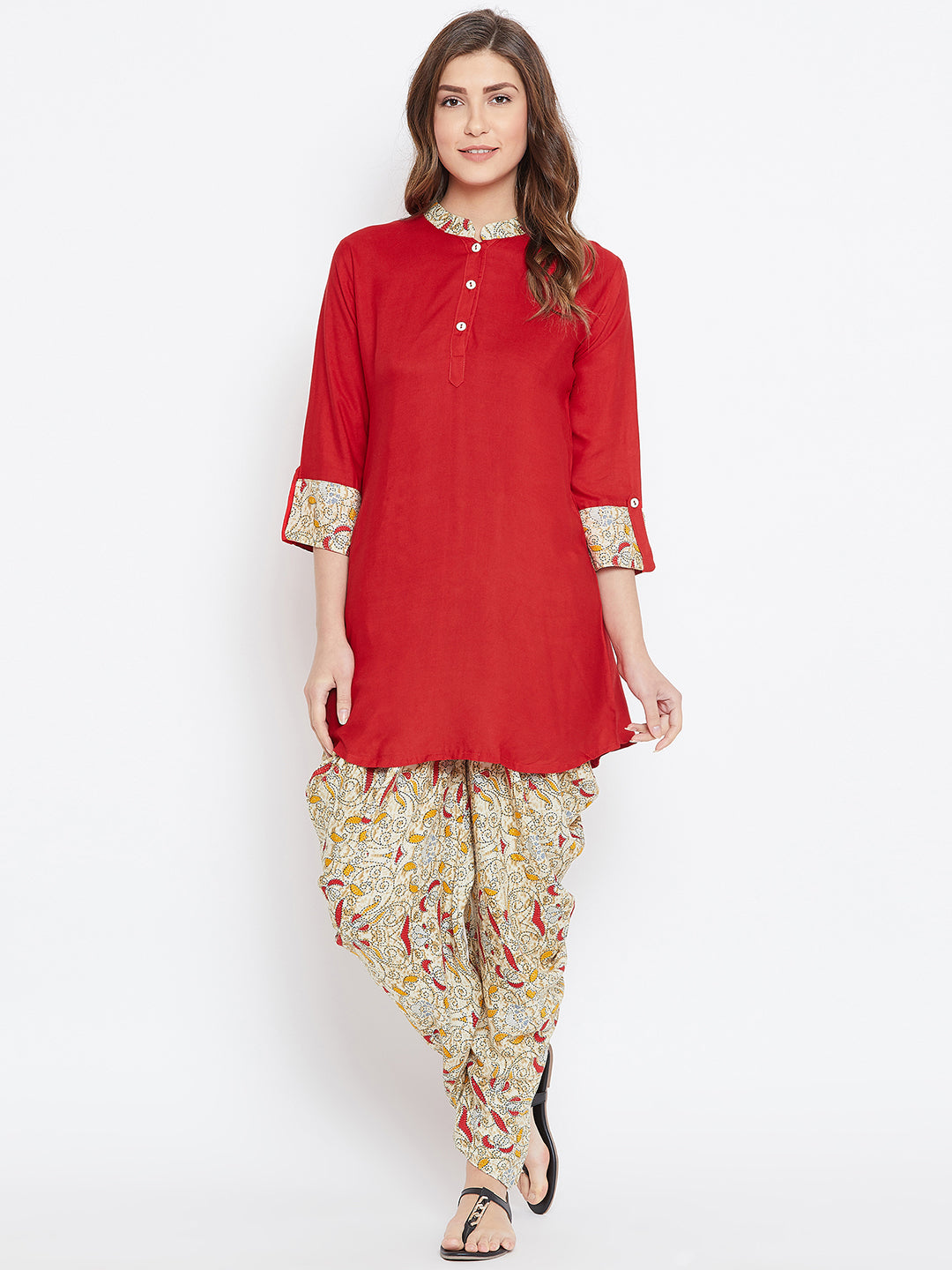 Red with Knitted Swirls Print Dhoti Set