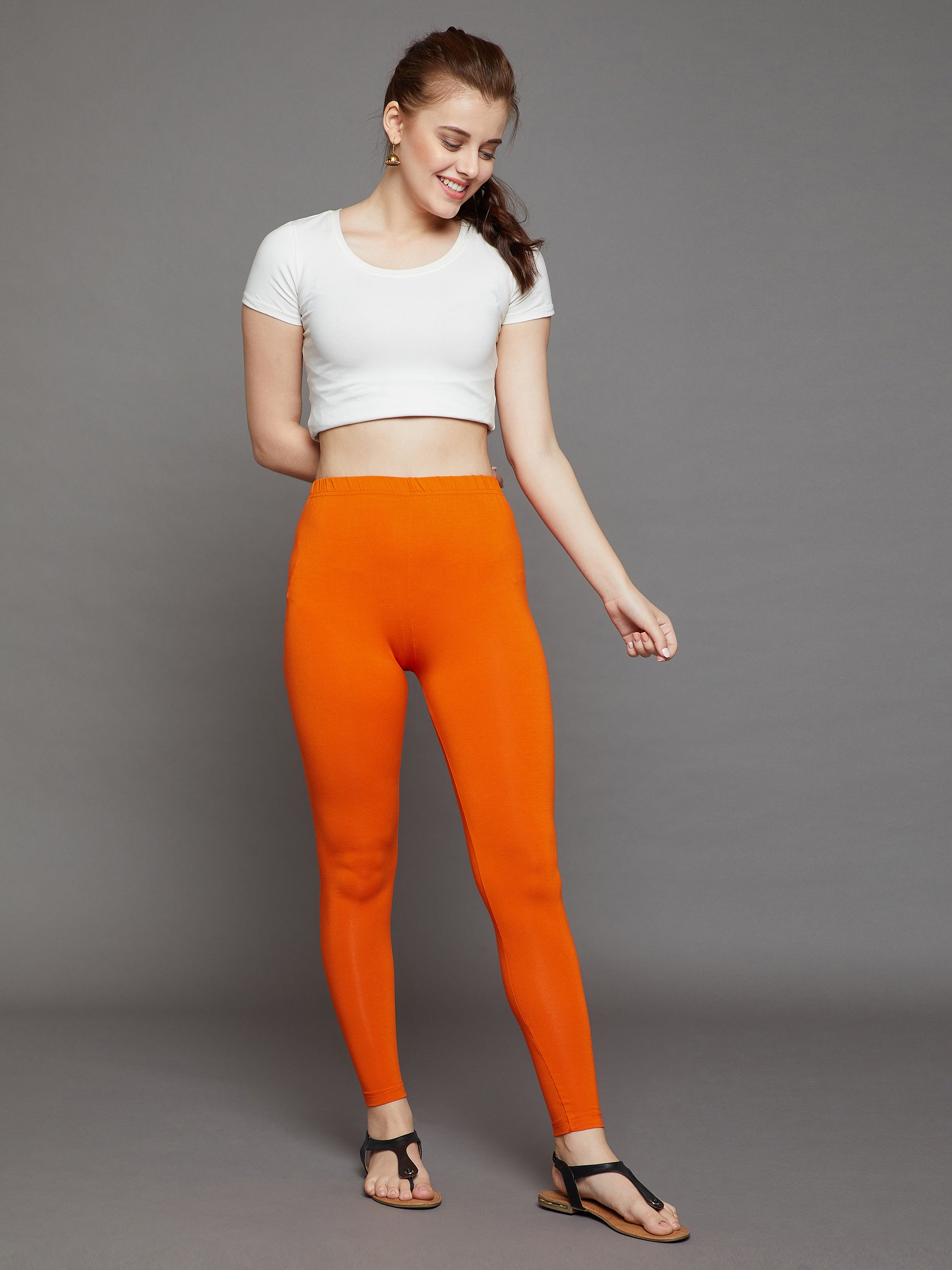 Buy Morrio Carrot Orange Cotton Lycra Churidar Legging,Small for