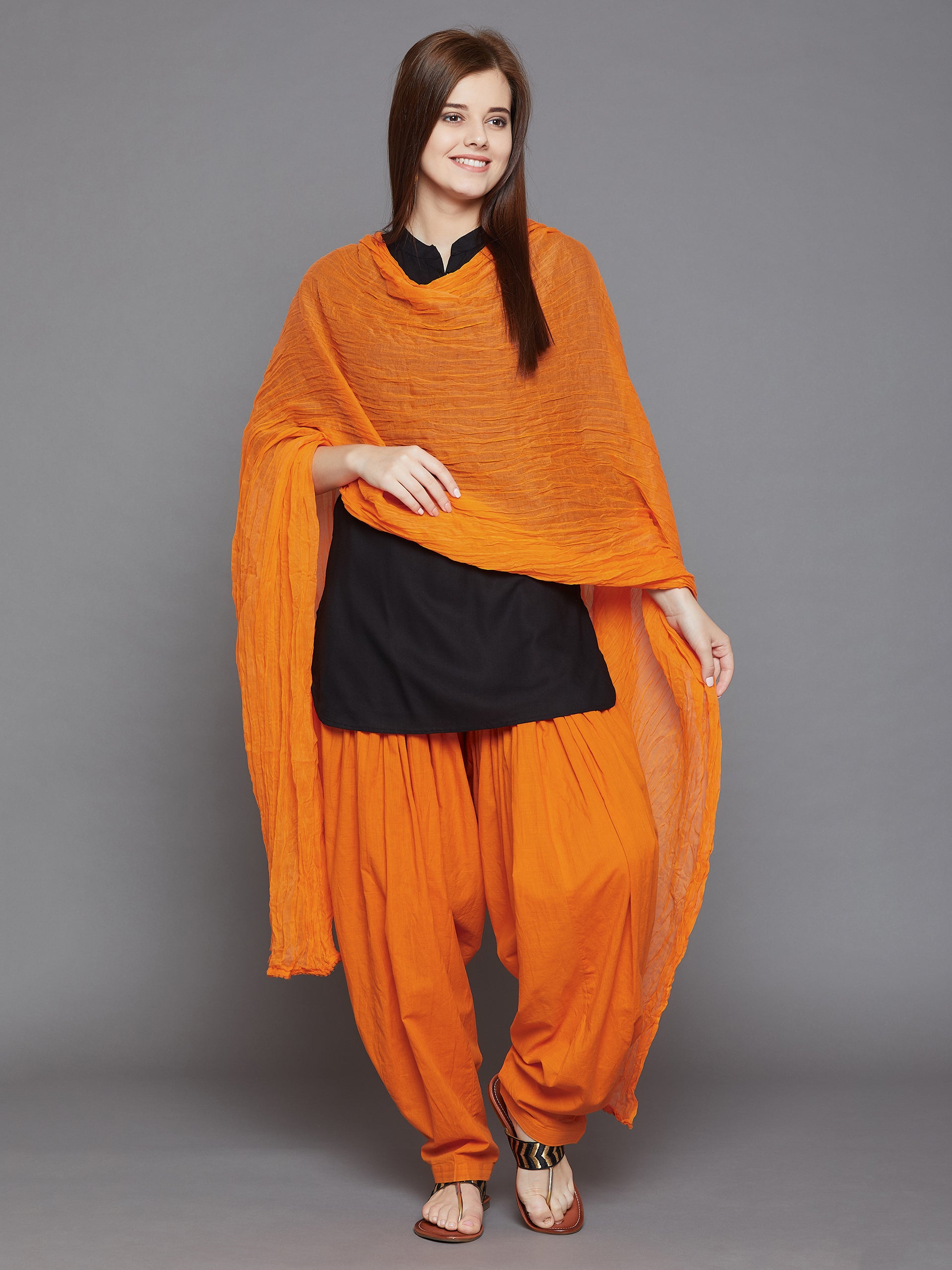 Orange Cotton Plain Patiala with Dupatta