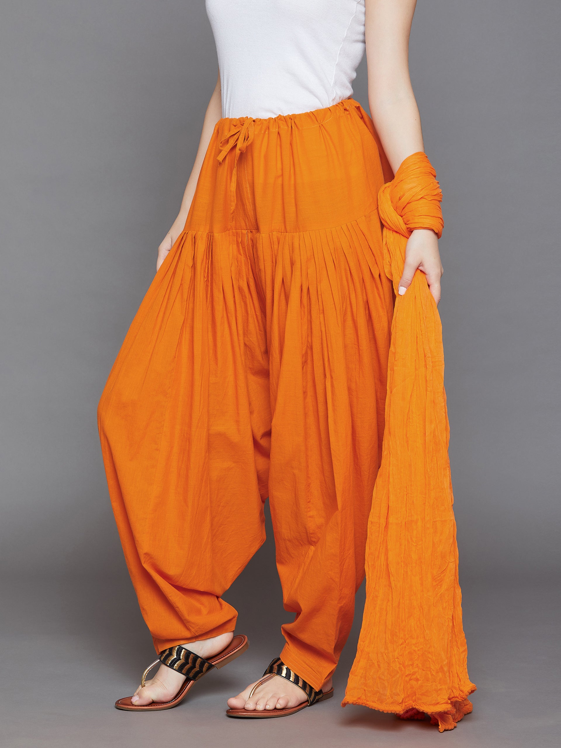Orange Cotton Plain Patiala with Dupatta