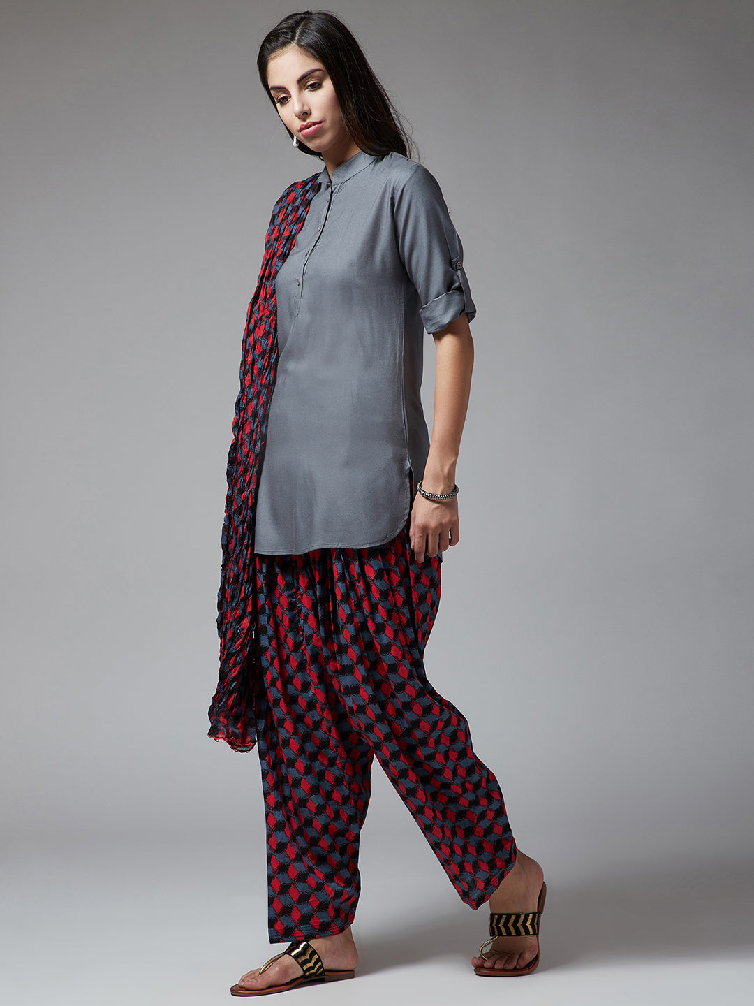 Geometric Print Patiala with Grey Kurti Set
