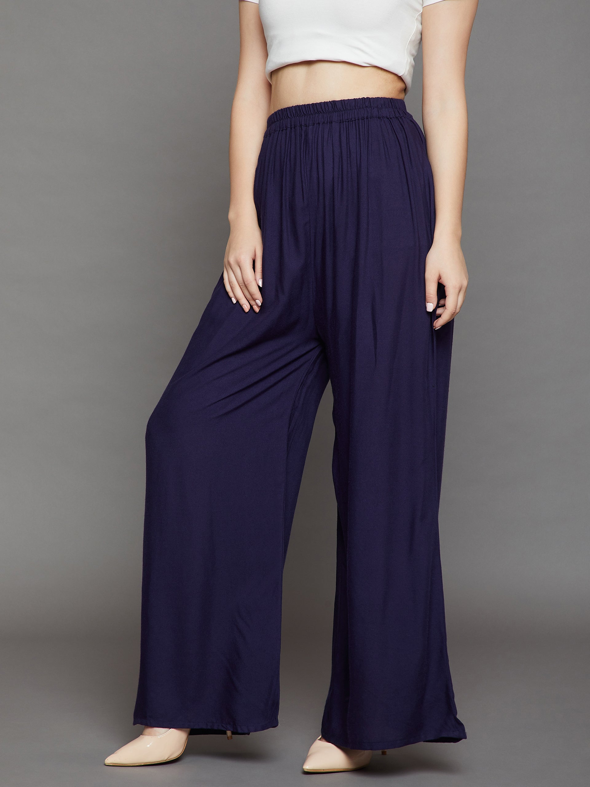 Navy Blue Plain Rayon Palazzo
