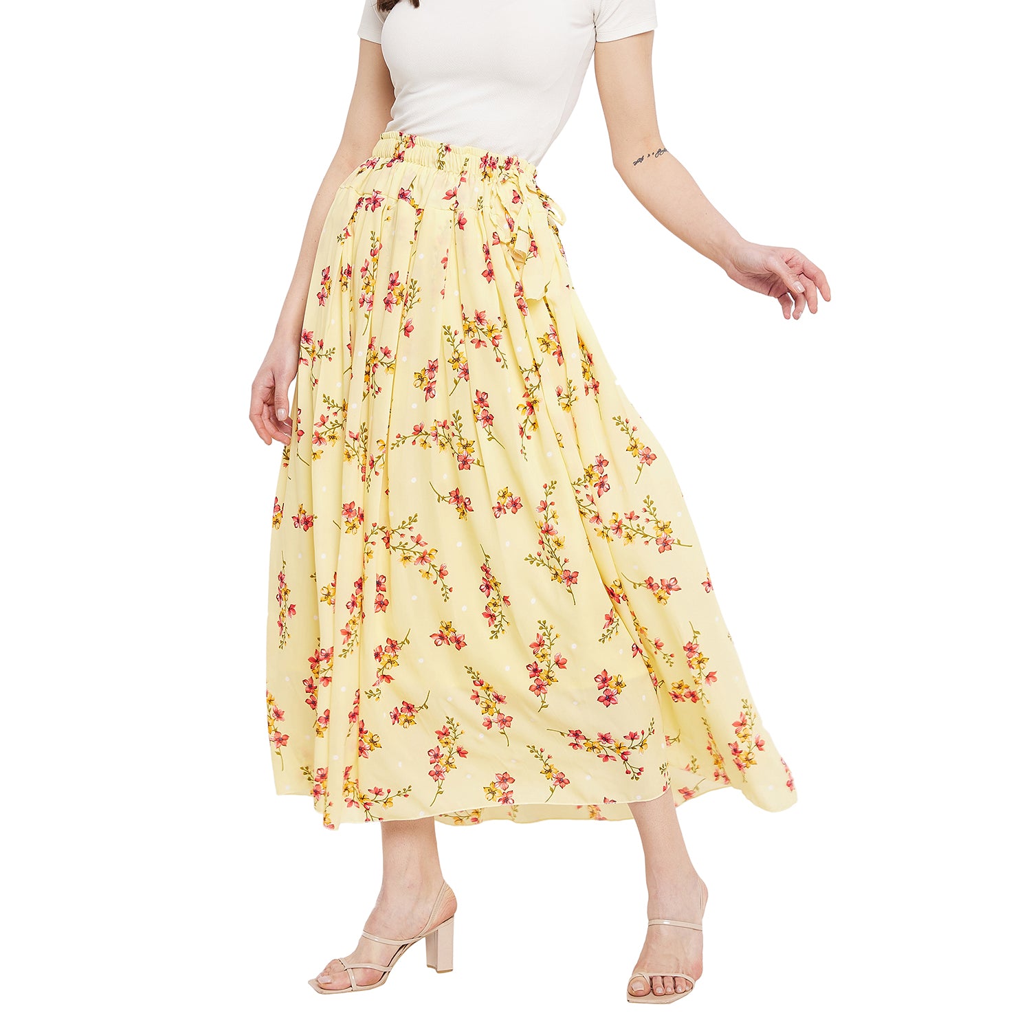 Yellow Peachy Floral Pleat Skirt