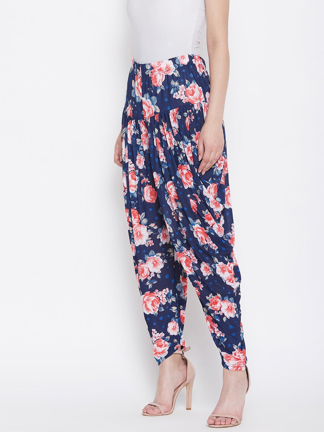 Pink and Blue Floral Printed Dhoti