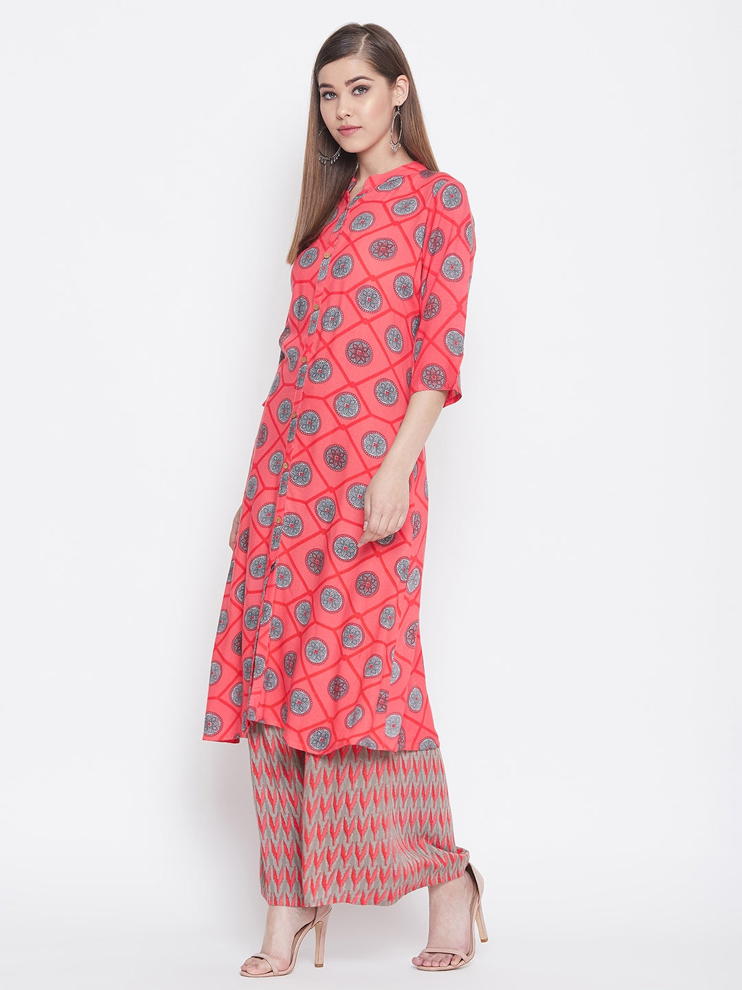 Traditional Printed Coral Kurti with Palazzo