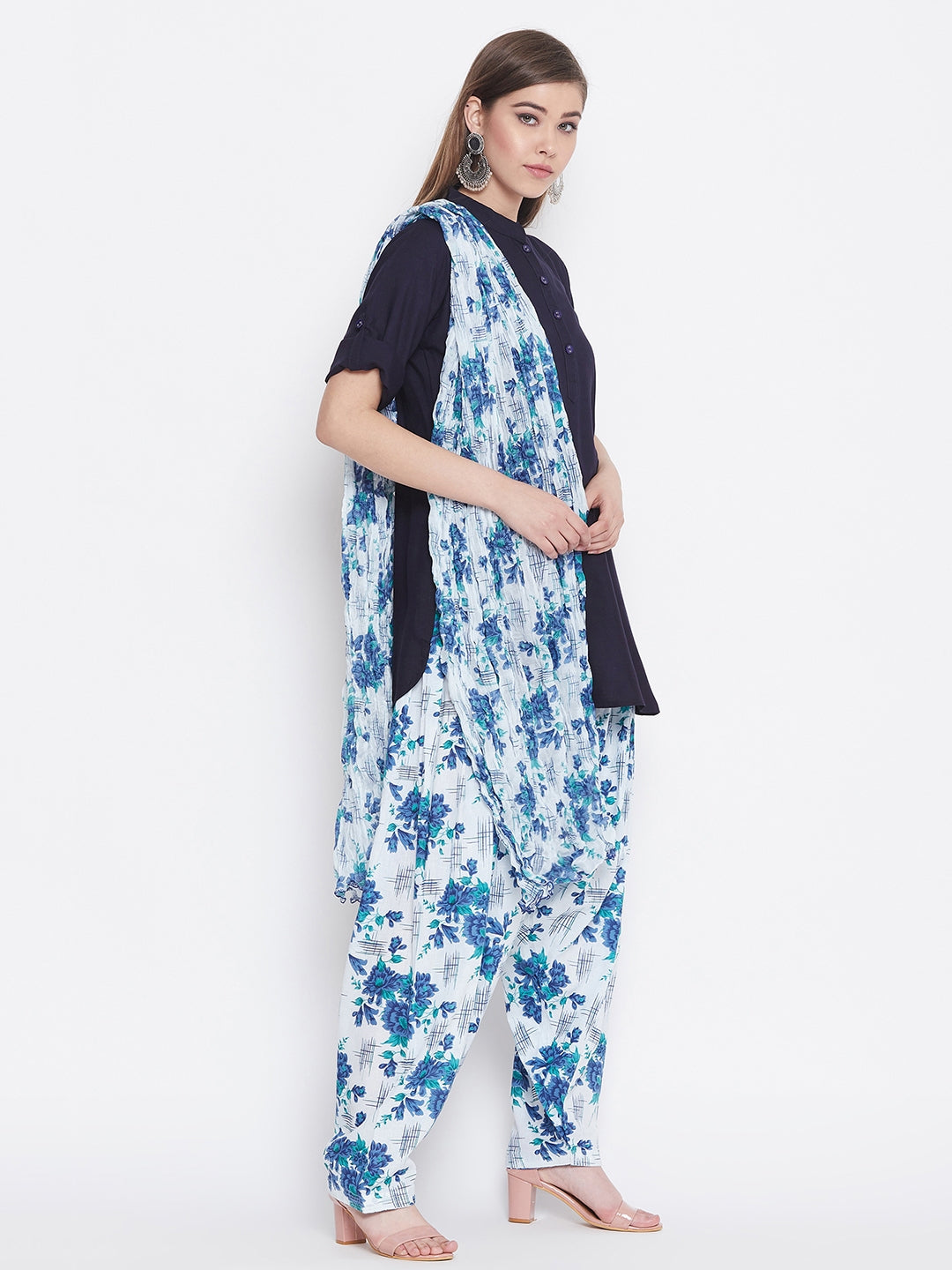 Blue Floral Printed Cotton Patiala with Dupatta
