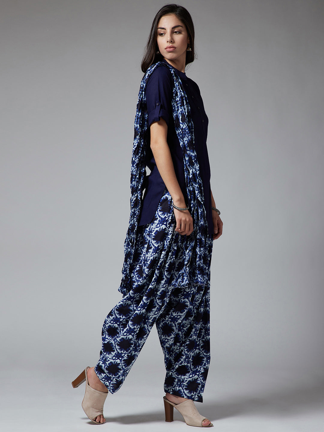 Damask Print Patiala with Navy Blue Kurti Set