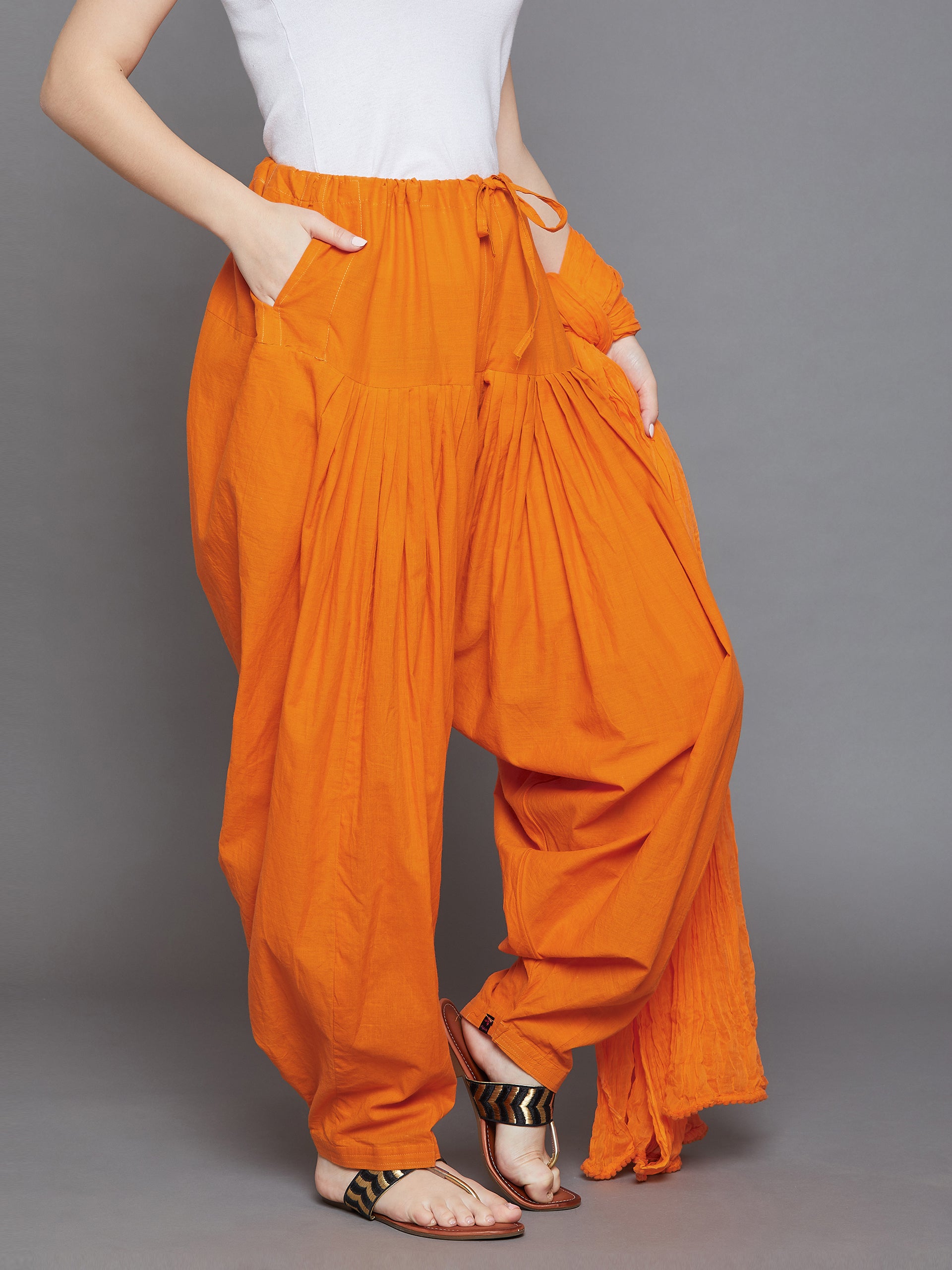 Orange Cotton Plain Patiala with Dupatta