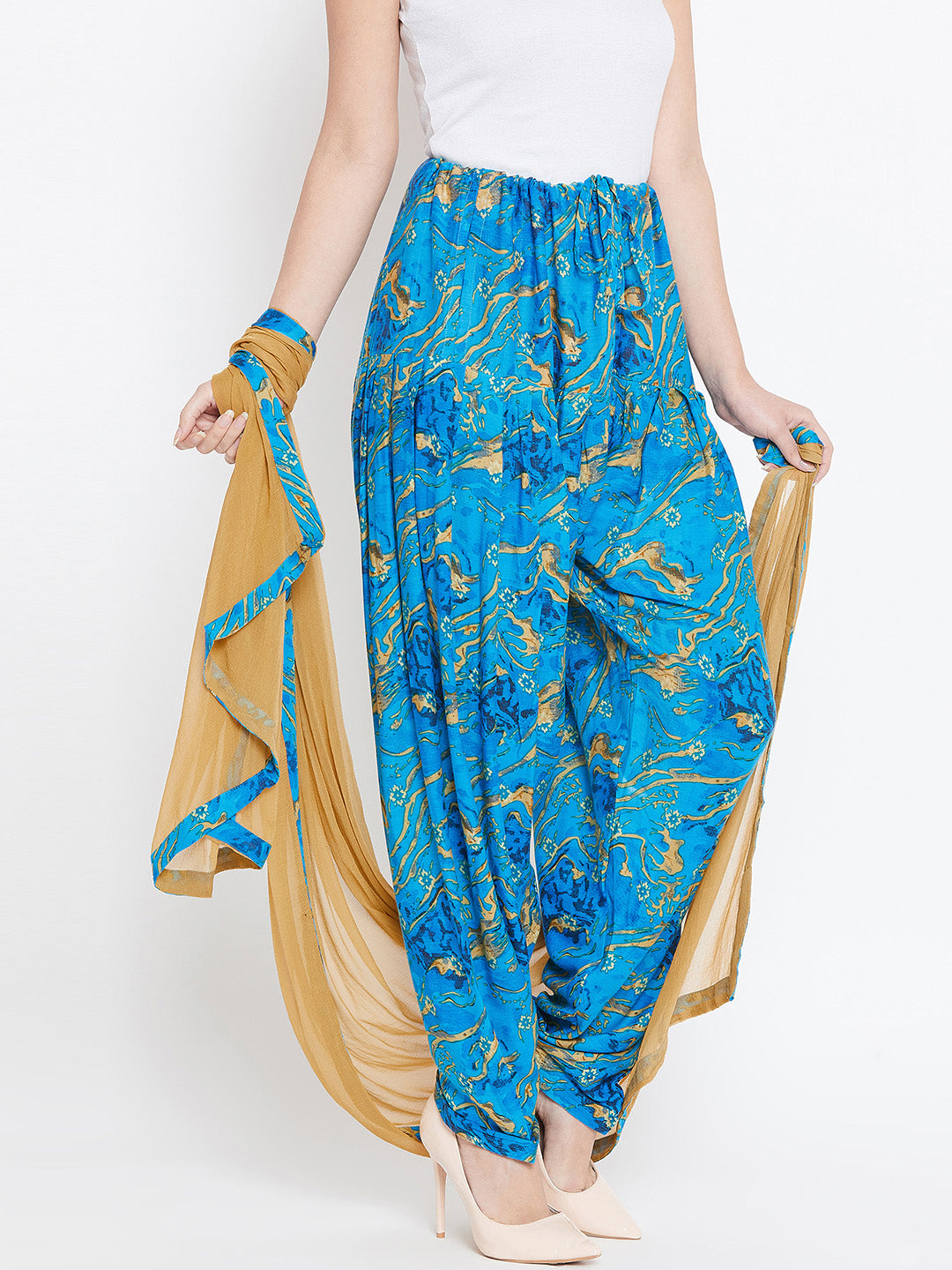 Blue Marble Pattern Printed Rayon Patiala with Dupatta Free Size