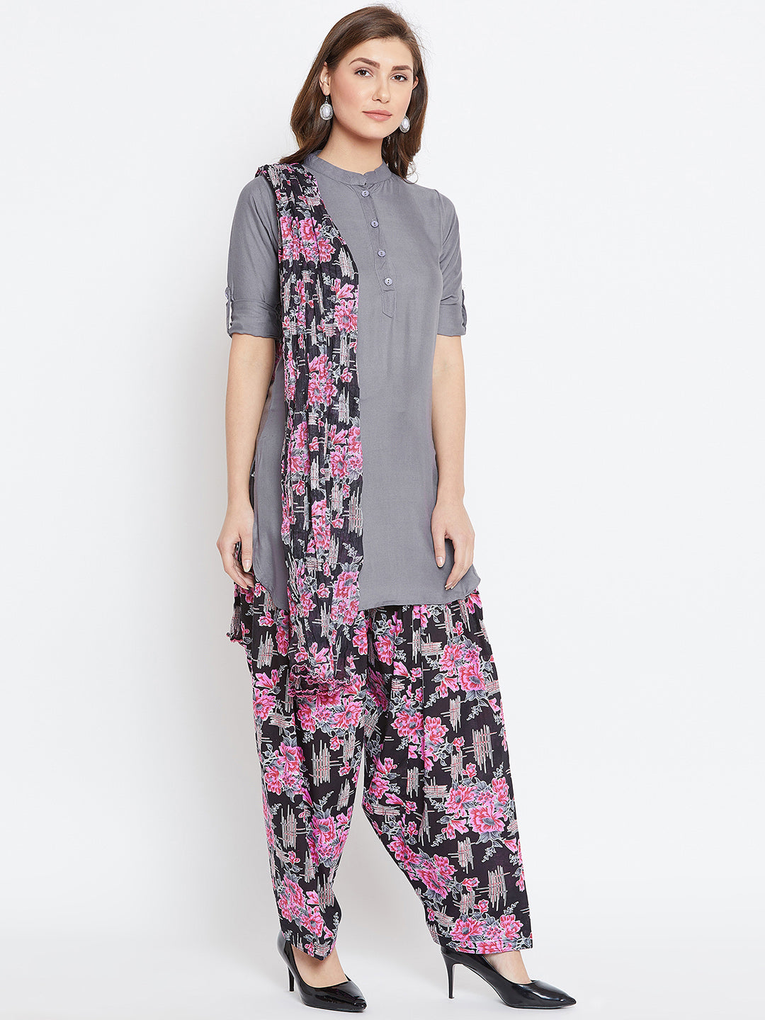 Baroque Print Patiala with Elephant Grey Kurti Set