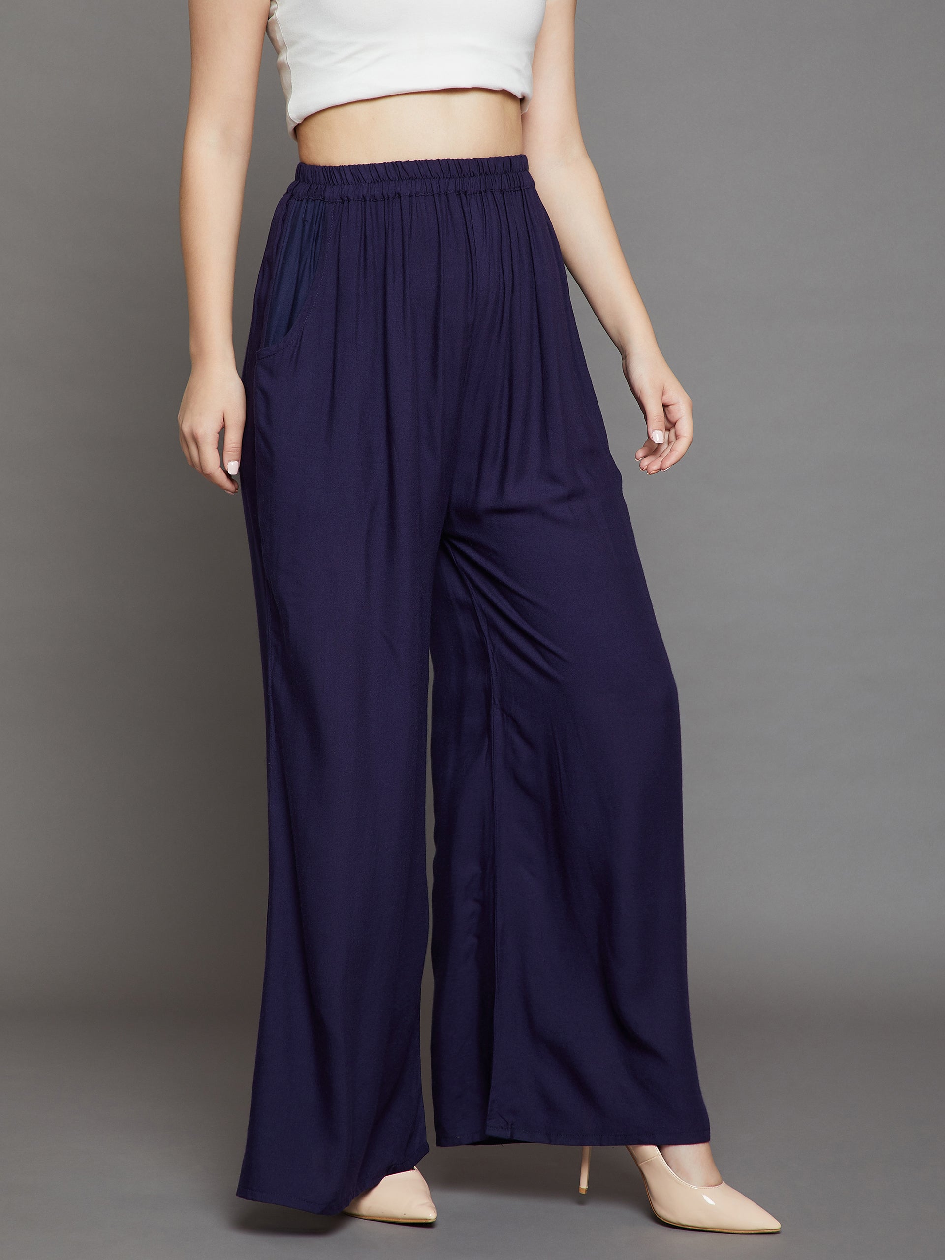 Navy Blue Plain Rayon Palazzo