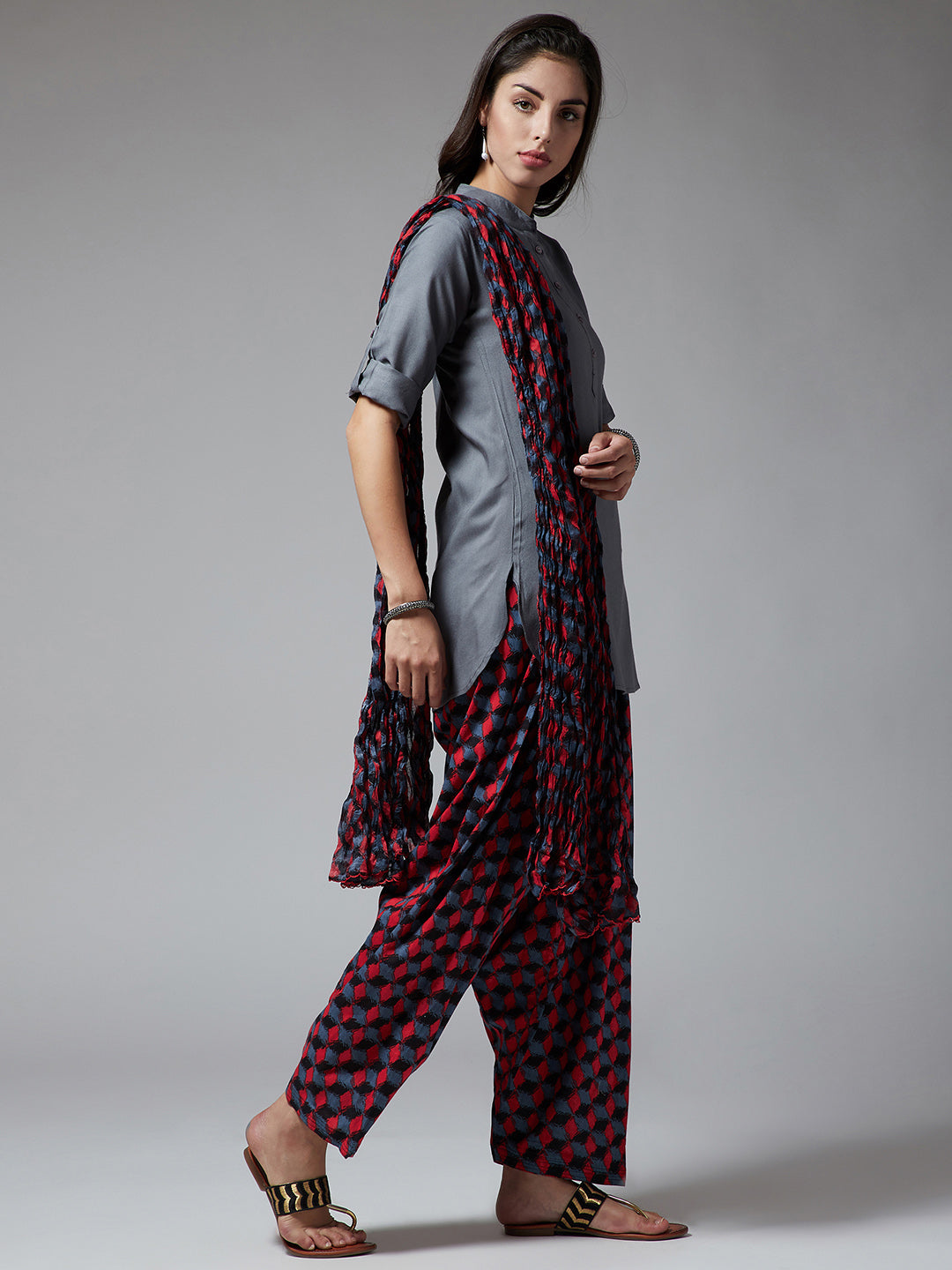 Geometric Print Patiala with Grey Kurti Set