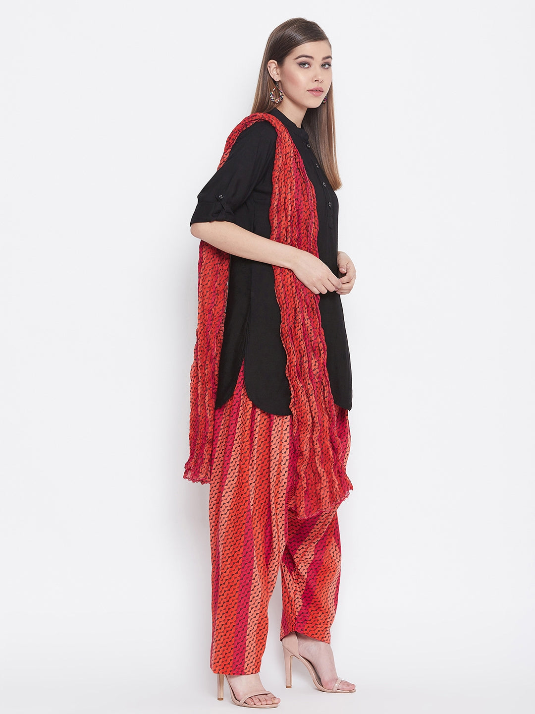Multicolour Floating Lines Patiala with Black Kurti Set